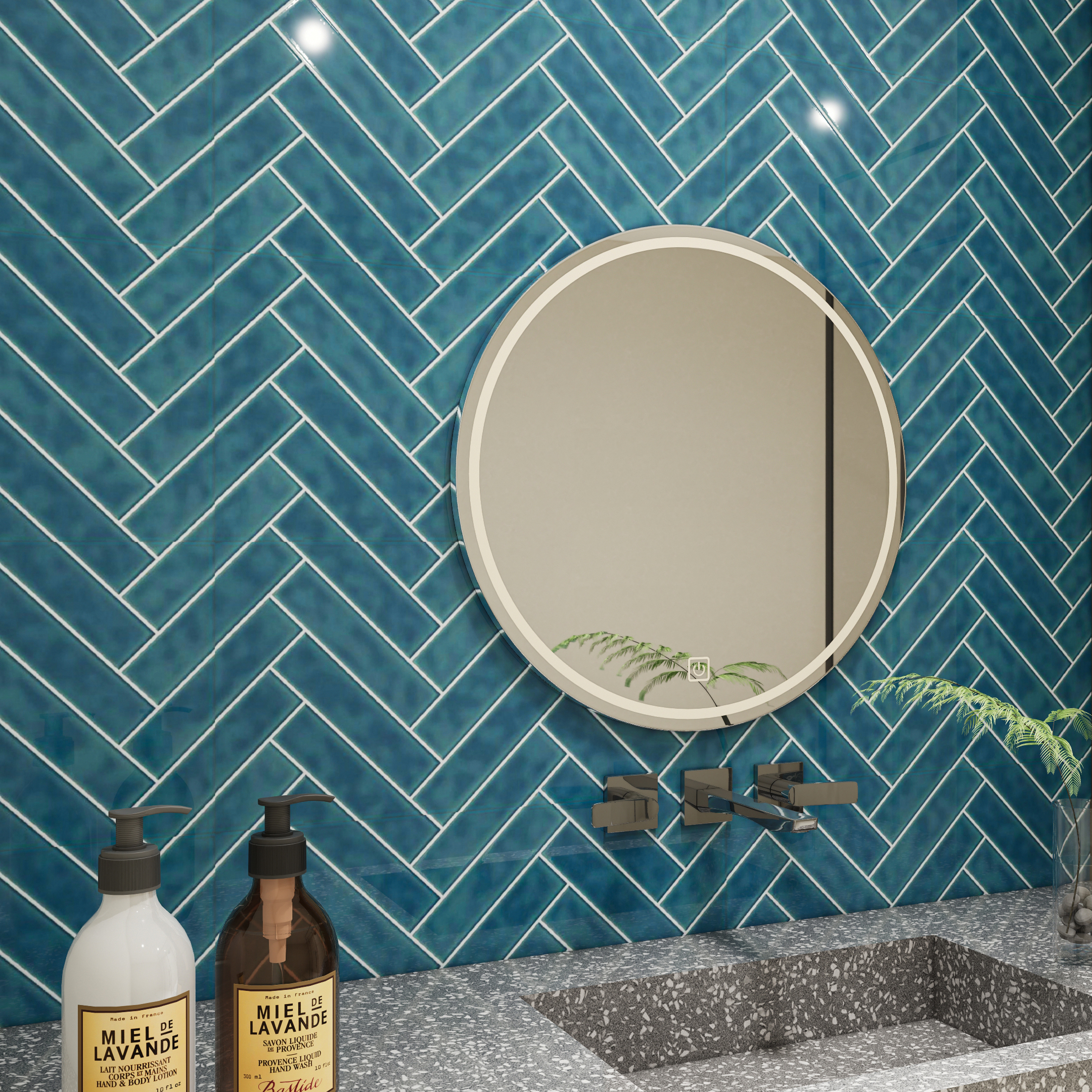 Glossy Blue Herringbone Tiles for a Stylish Bathroom | Material Depot