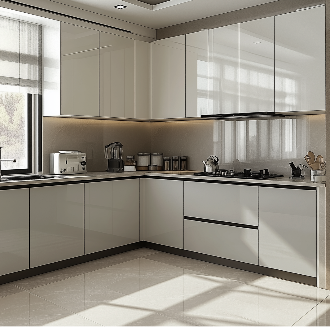 Glossy Cream Solid Laminate Modular Kitchen with Minimalist Contemporary Design | Material Depot