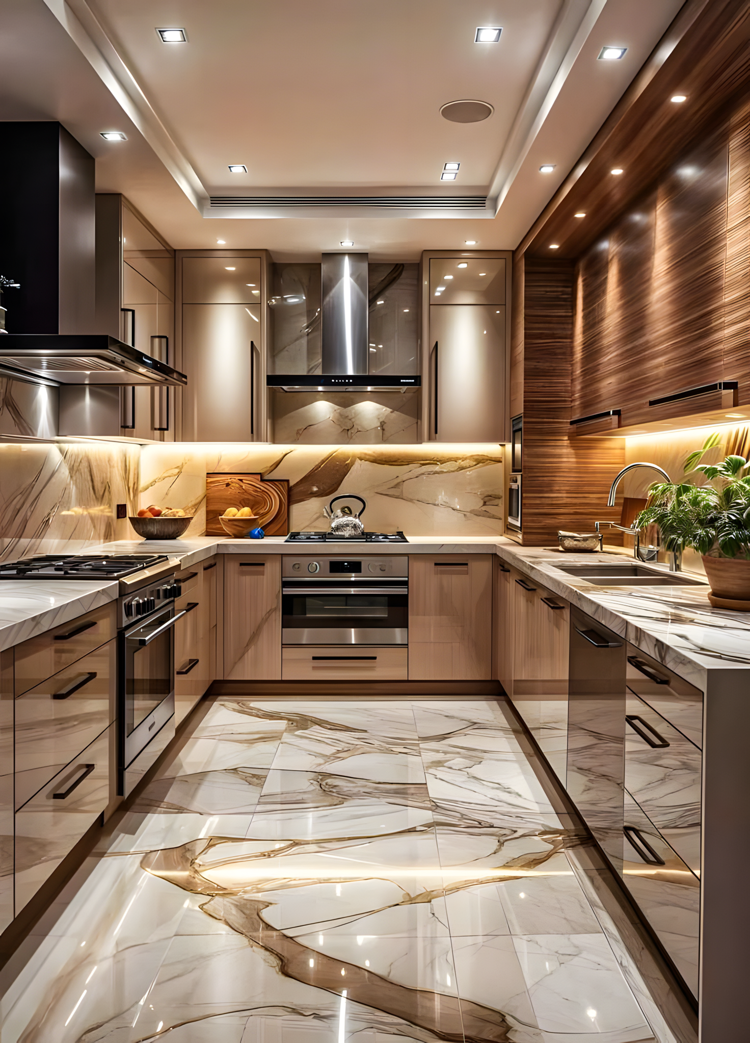 Golden Glow: Warm Wood and Marble Kitchen Perfection | Material Depot