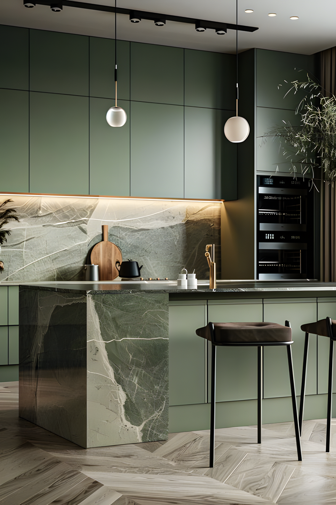 Green And Marble Modern Kitchen | Material Depot