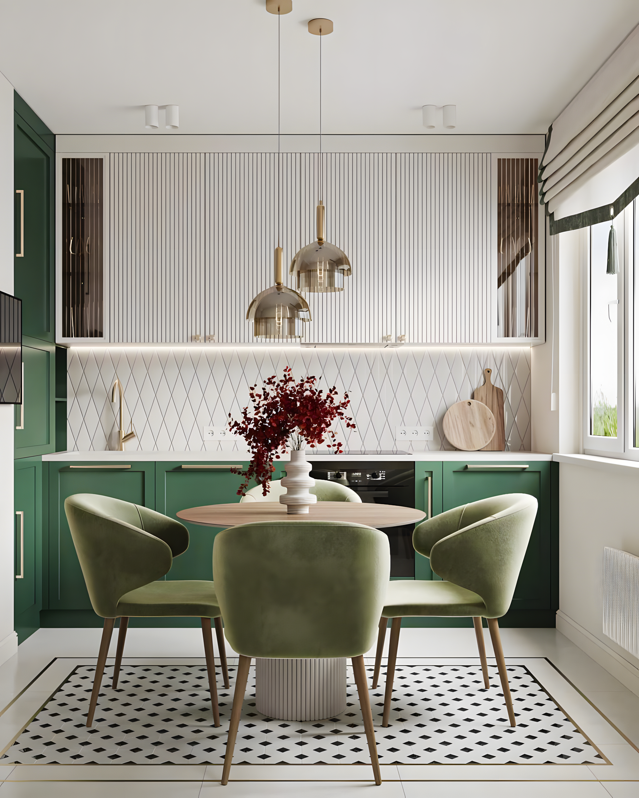 Green And White Kitchen With Decorative Elements | Material Depot