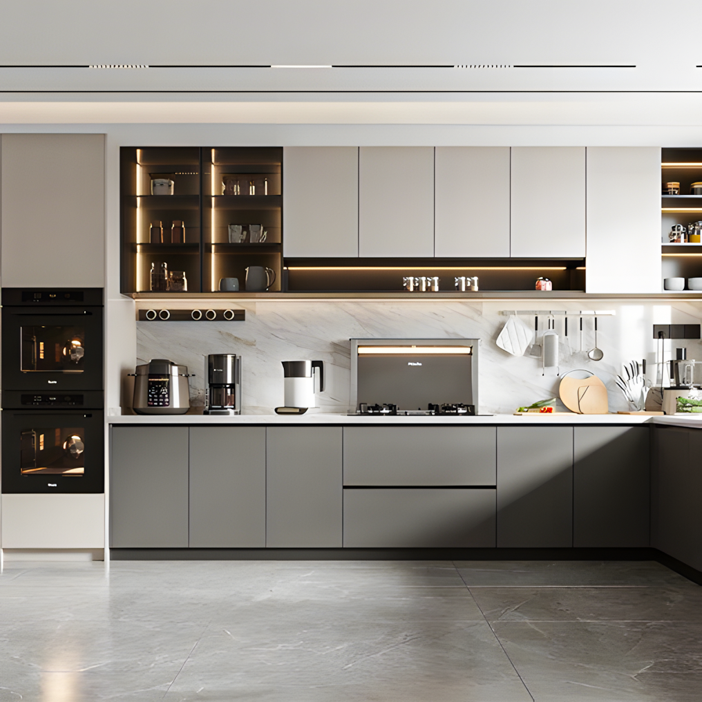 Grey and White Modern Kitchen with Marble Accents and LED Lighting | Material Depot