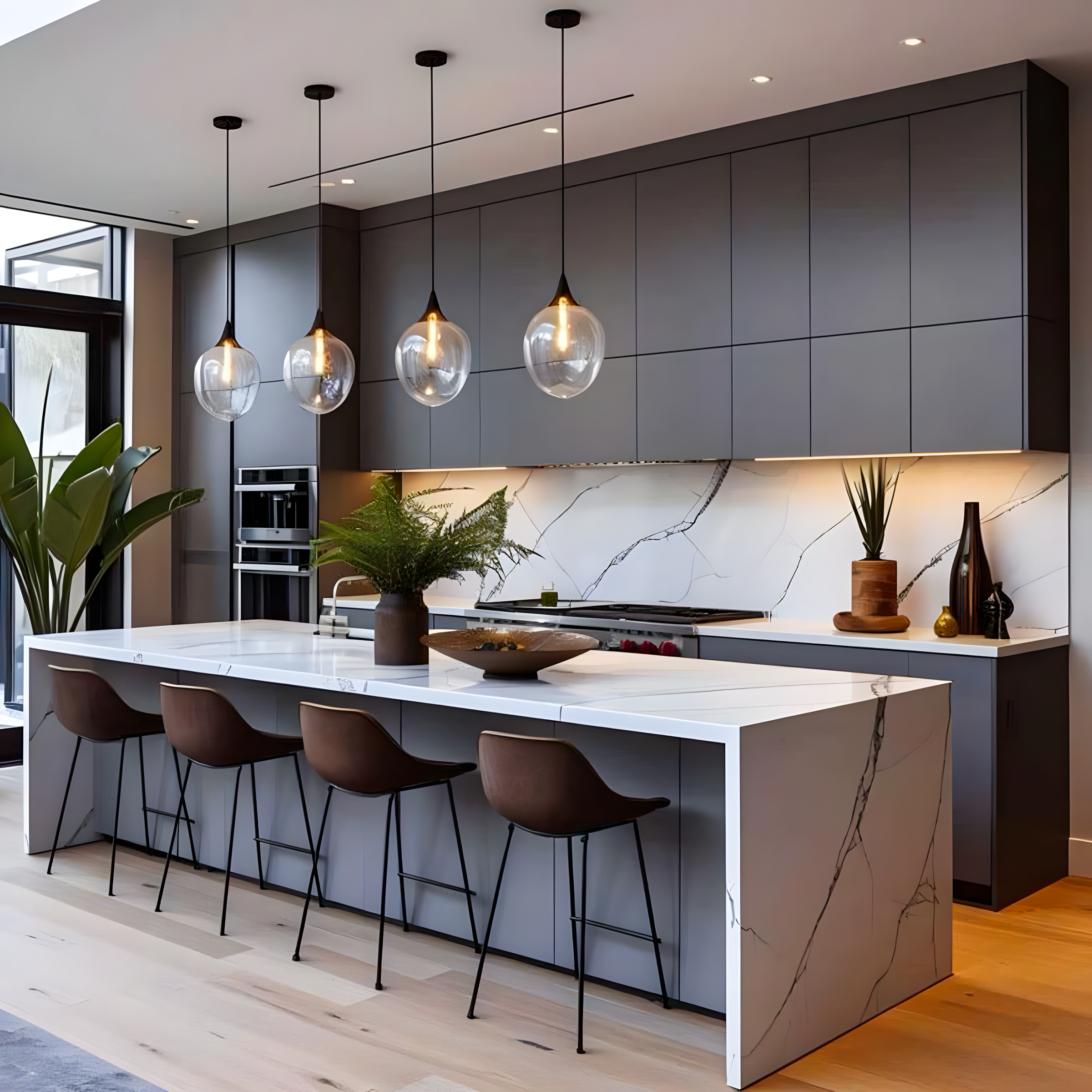 Grey Kitchen Design With Glass Pendant Lights | Material Depot