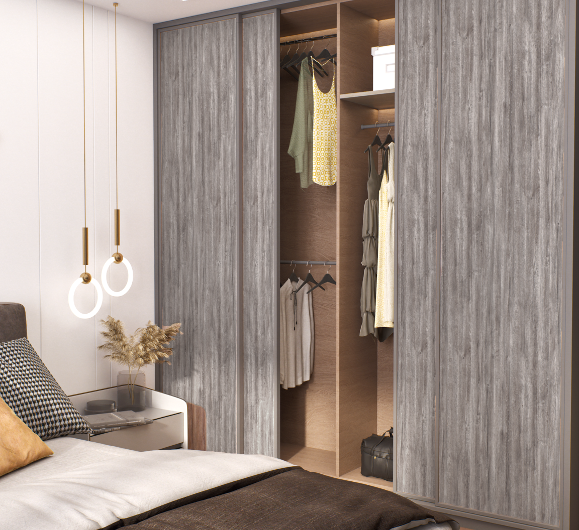 Grey Wooden Laminate Sliding Wardrobe for Contemporary Bedroom Design | Material Depot