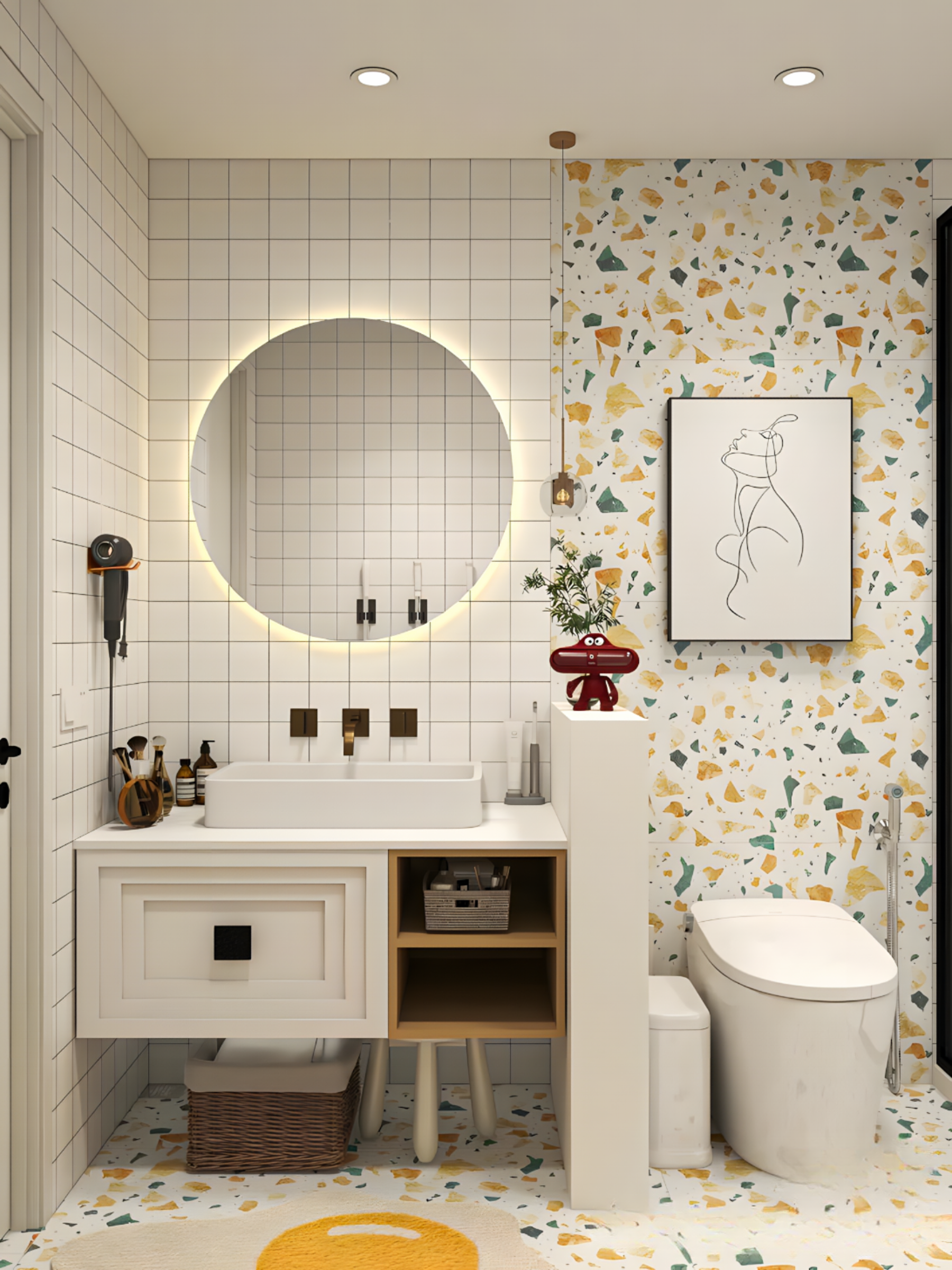 Halo Mirror Bathroom with Terrazzo and Gold Accents | Material Depot