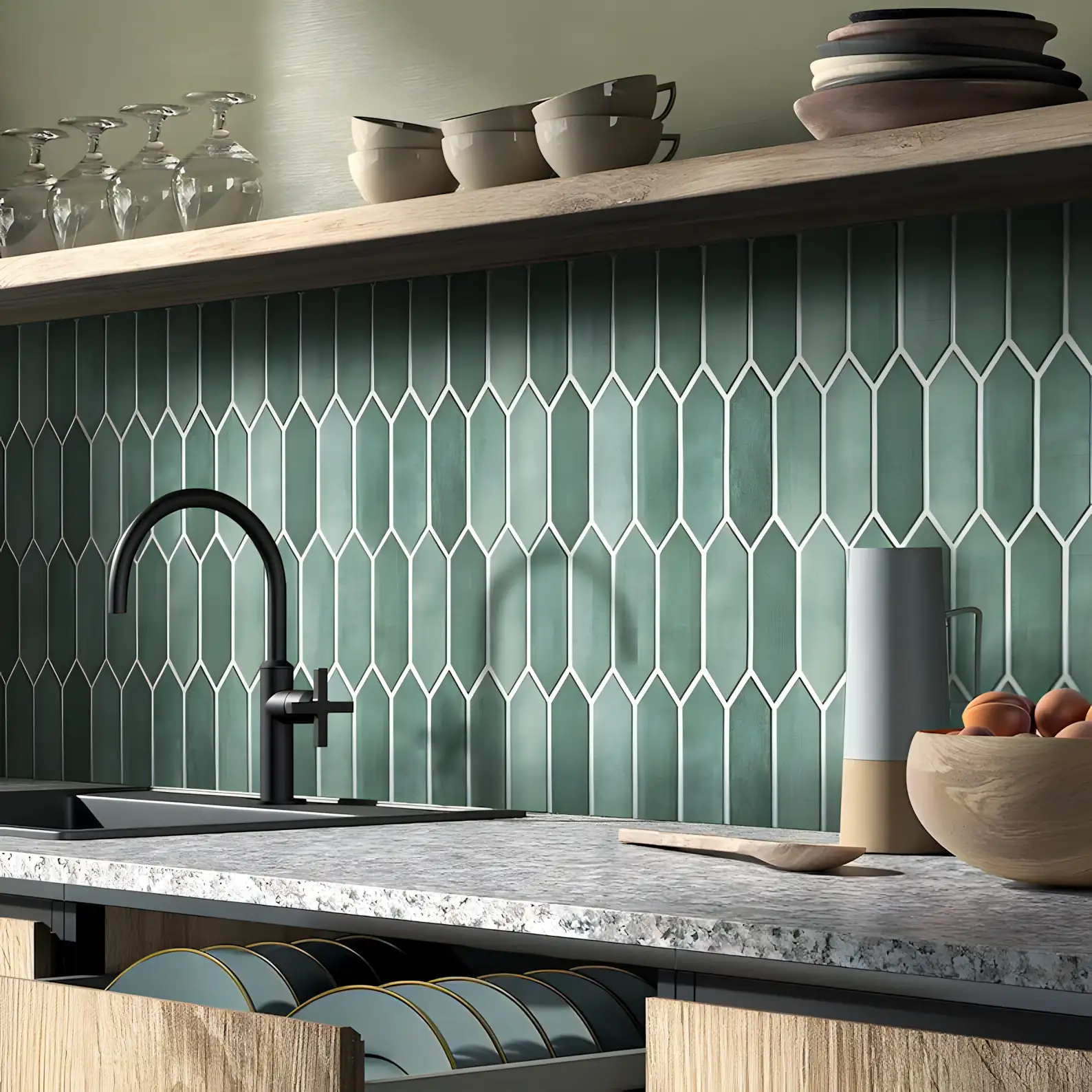 Hexagonal Kitchen Units With Wooden Laminates | Material Depot