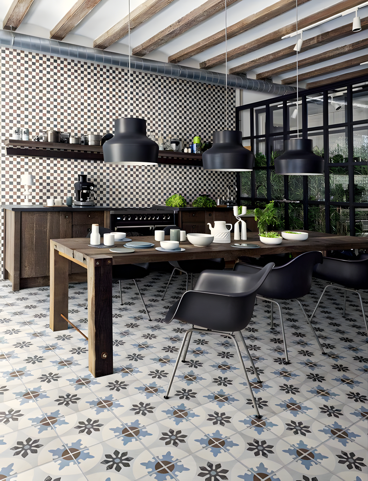 Industrial-Chic Kitchen with Patterned Floor Tiles | Material Depot