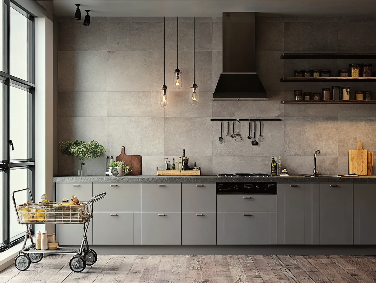 Industrial-Style Kitchen with Grey Cabinets and Open Shelving | Material Depot