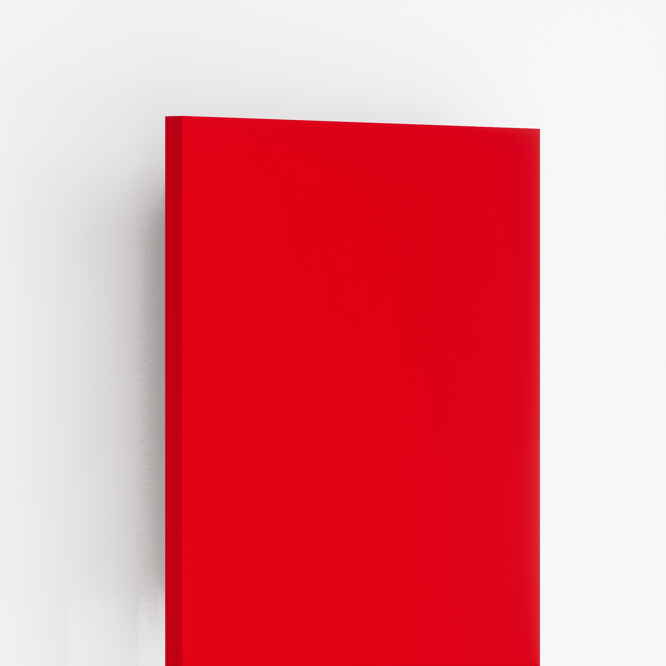 Closeup image of PC 56 L22 Tomato Red 8 ft x 4 ft High Gloss Finish Laminate - 1 mm in an isometric setup | Material Depot