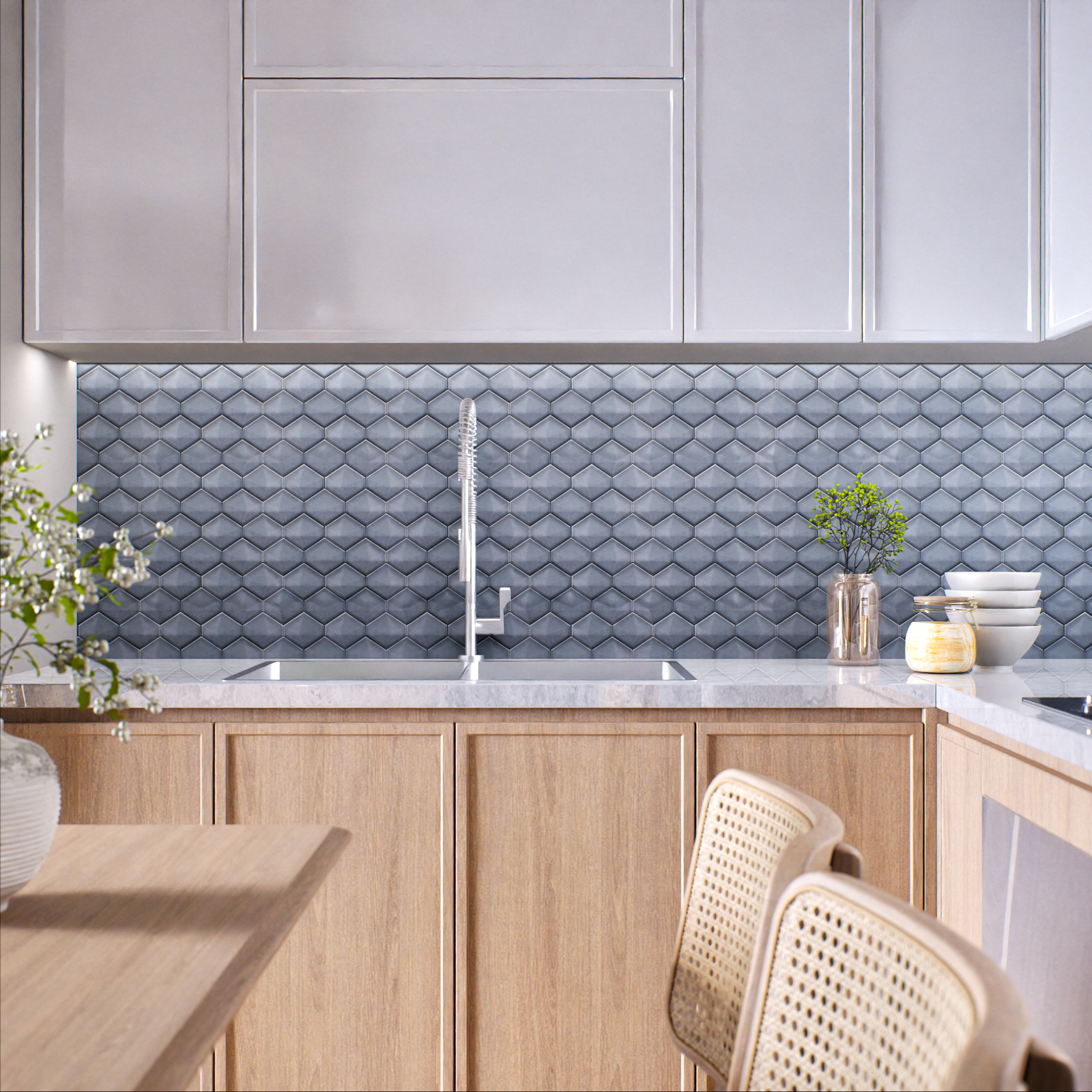 Kitchen with 3D Geometric Wall Tiles and Minimalist Aesthetic | Material Depot