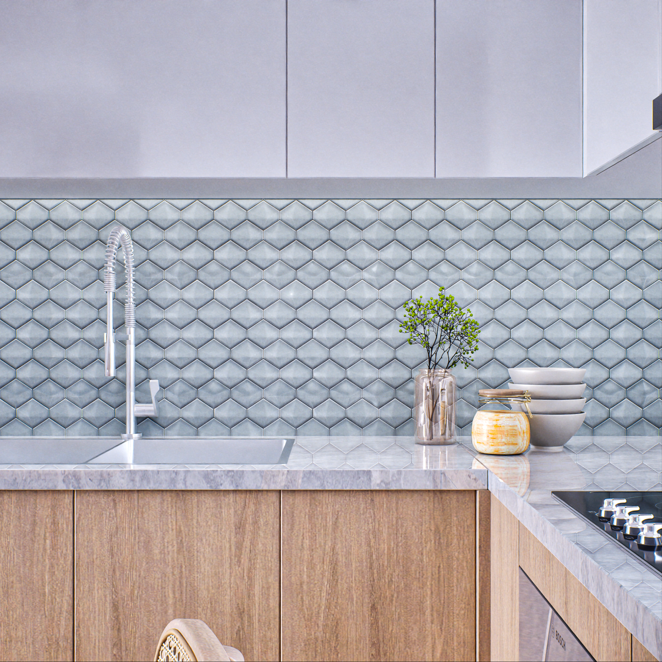 Kitchen with 3D Geometric Wall Tiles and Wooden Cabinets | Material Depot