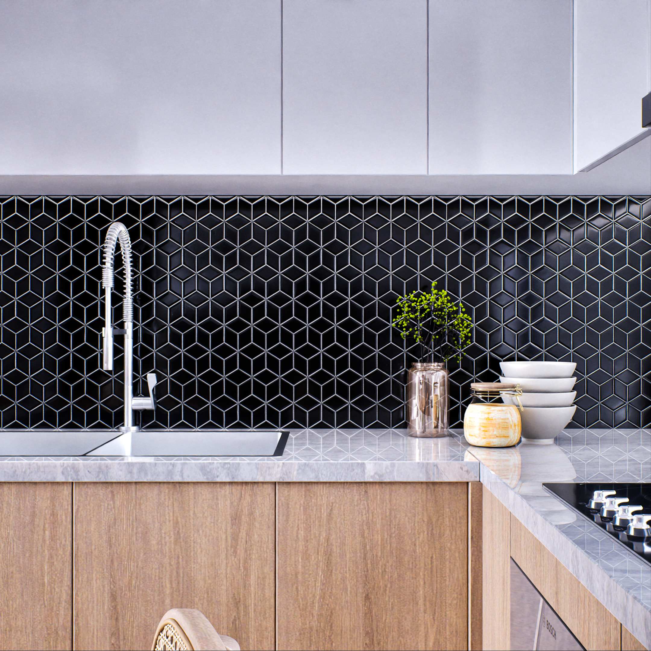 Kitchen with Black Geometric Tile Backsplash | Material Depot