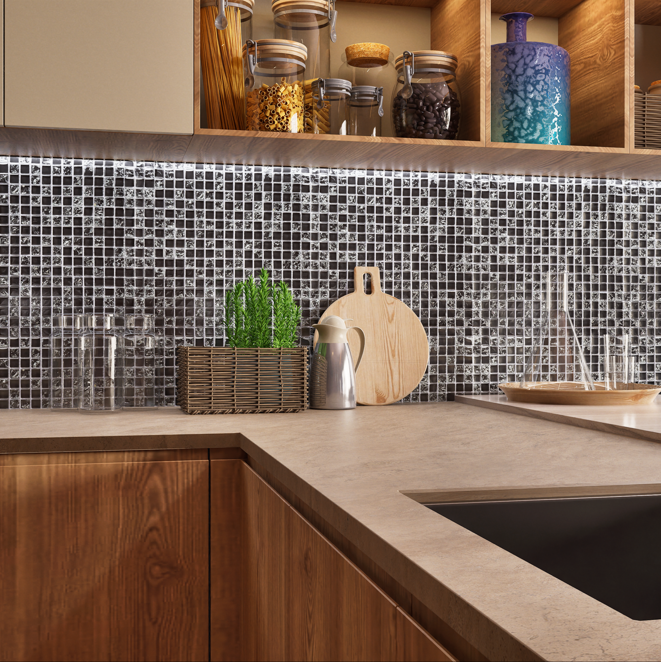 Kitchen with Black Mosaic Backsplash | Material Depot