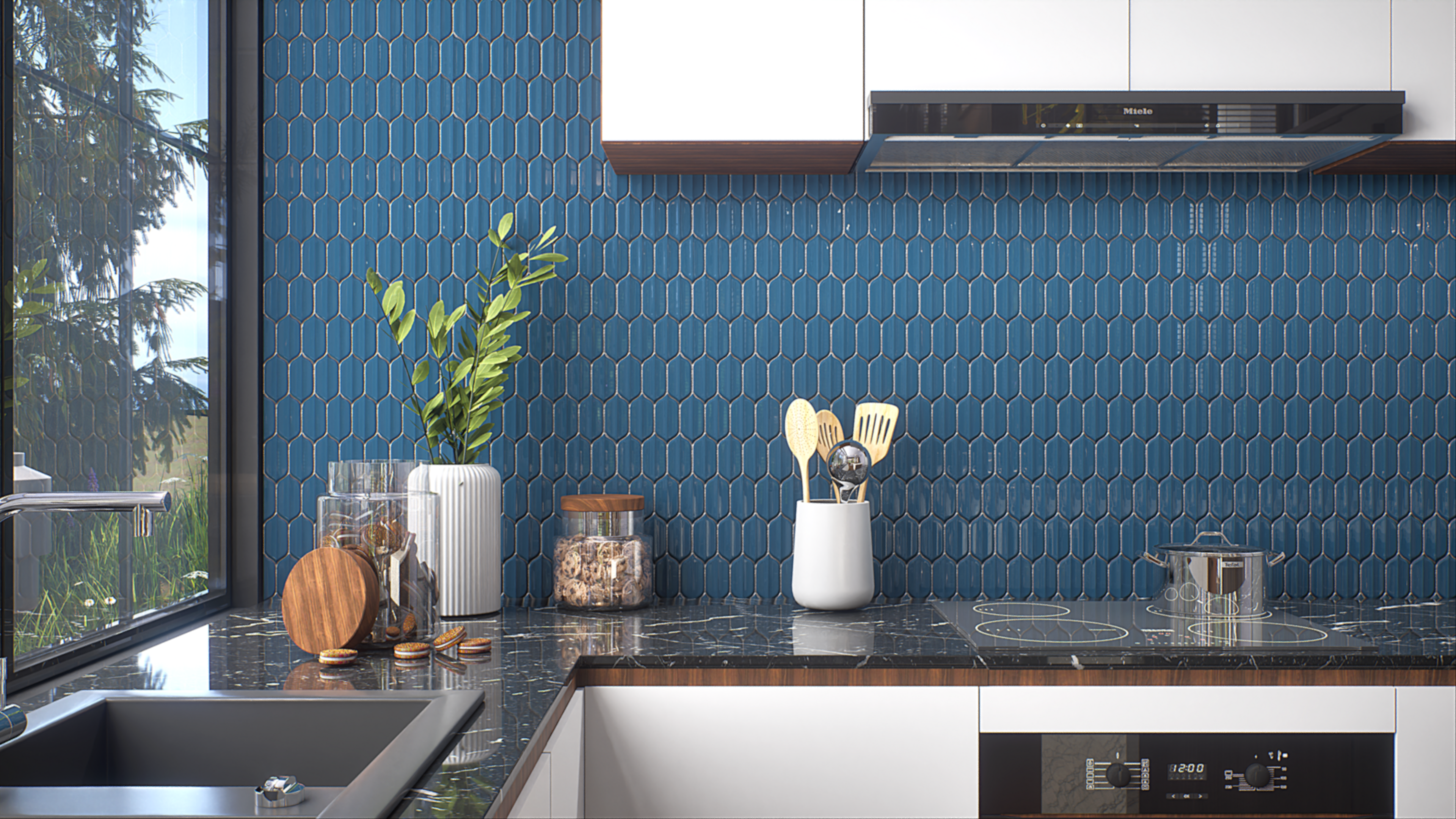 Kitchen with Blue Textured Backsplash and Black Marble Countertop | Material Depot