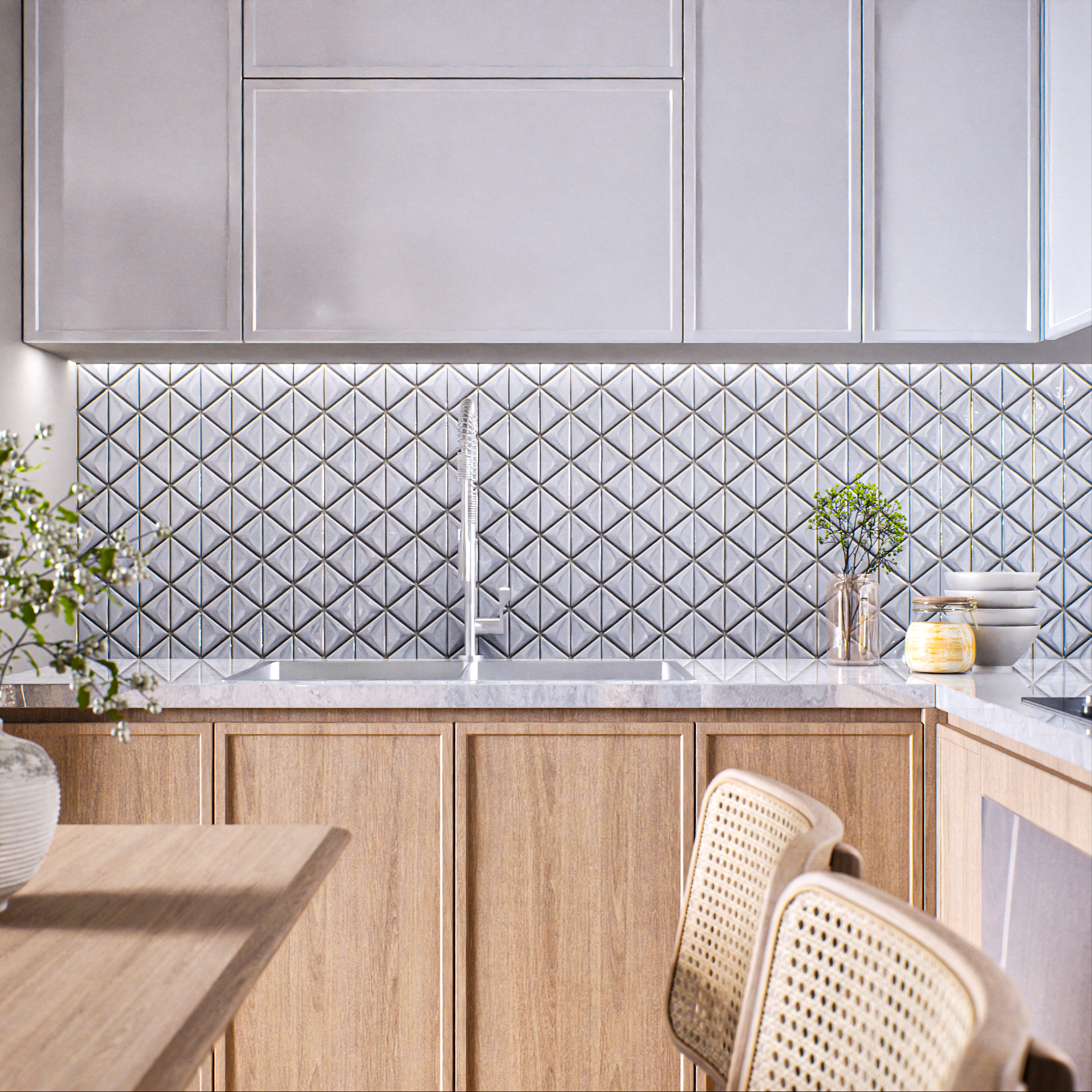 Kitchen with Geometric Backsplash and Wooden Cabinets | Material Depot