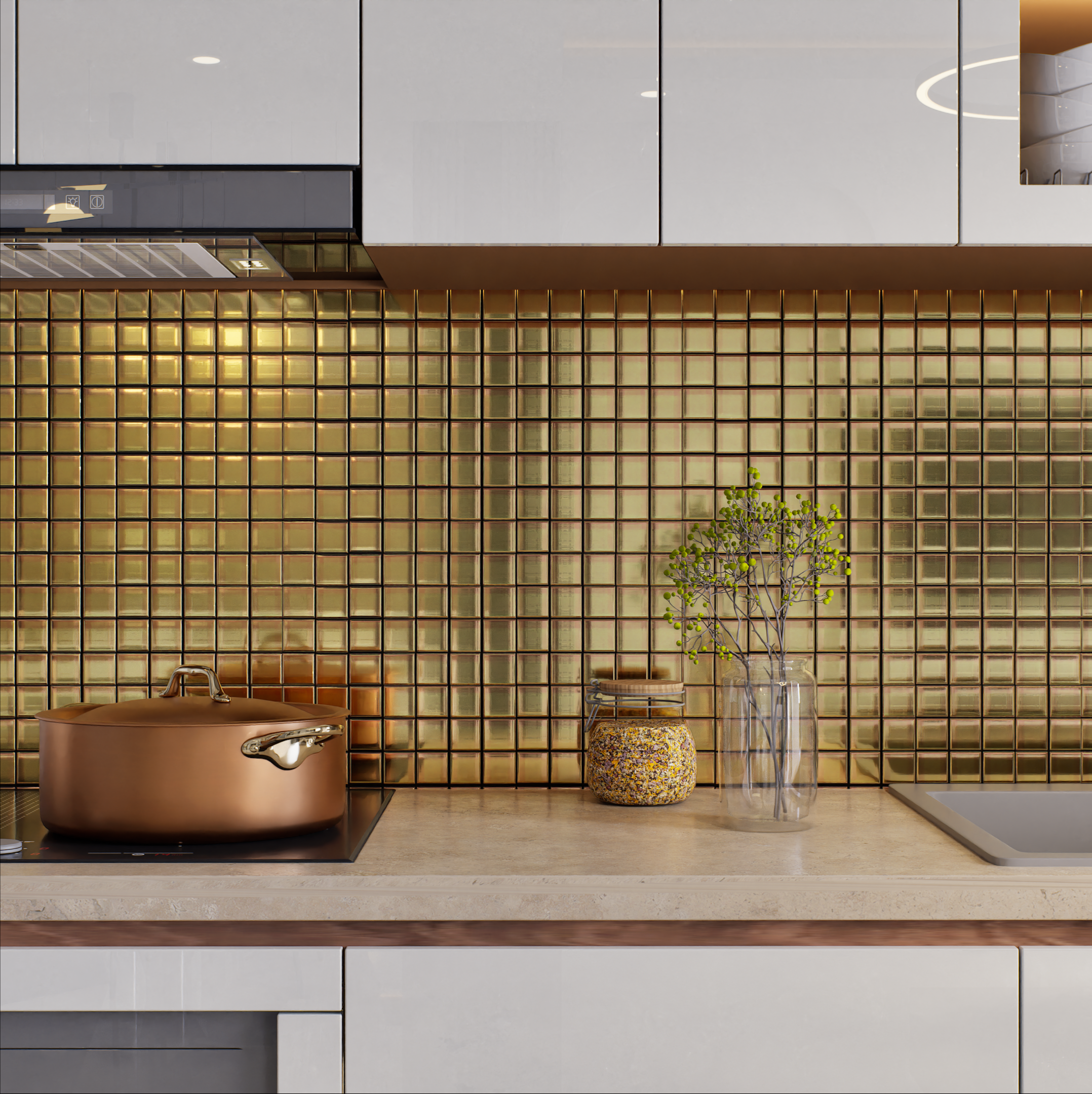 Kitchen with Golden Glass Mosaic Backsplash | Material Depot