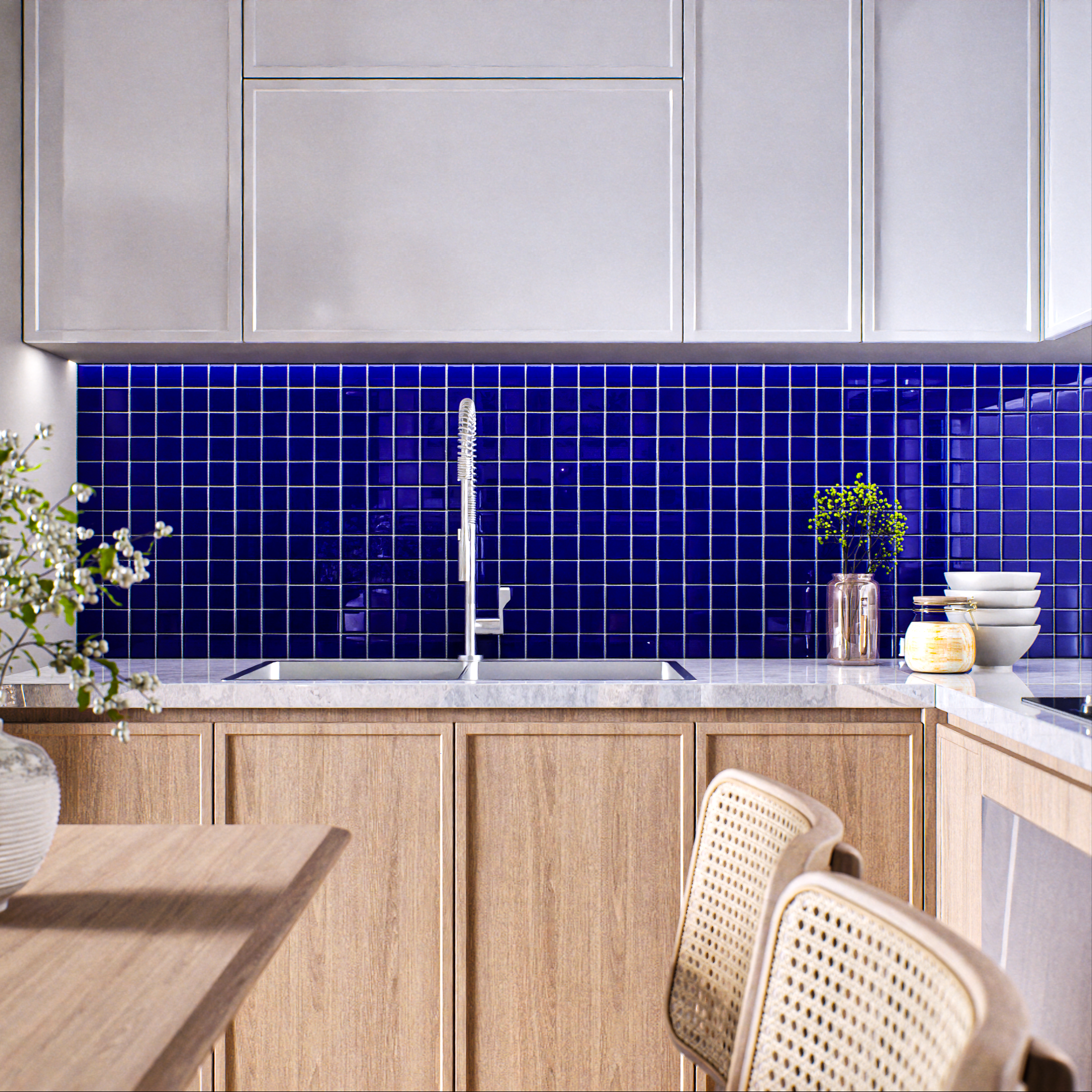 Kitchen with Royal Blue Mosaic Tile Backsplash | Material Depot