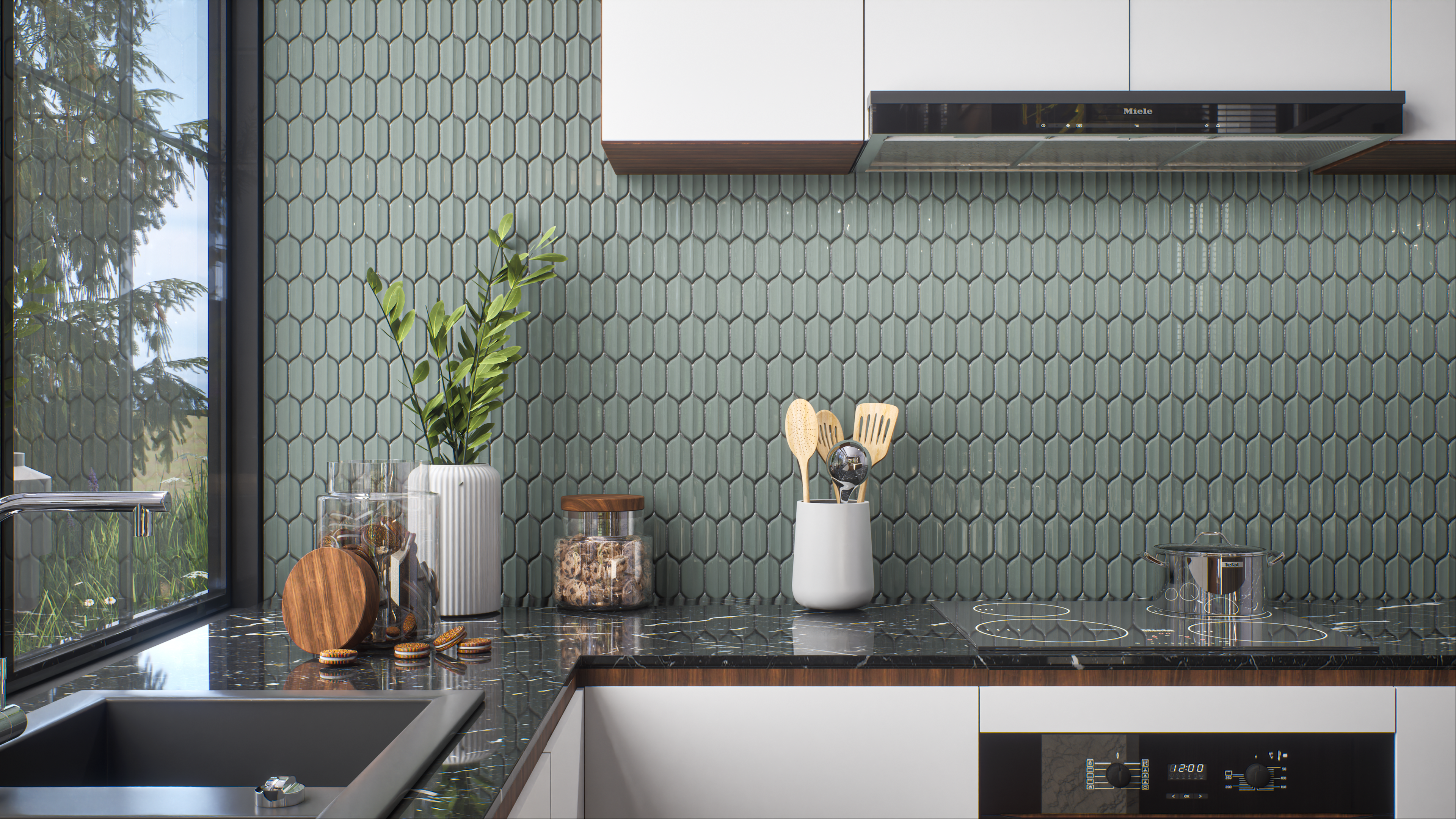 Kitchen with Sage Green Hexagonal Tiles and Black Marble Countertop | Material Depot