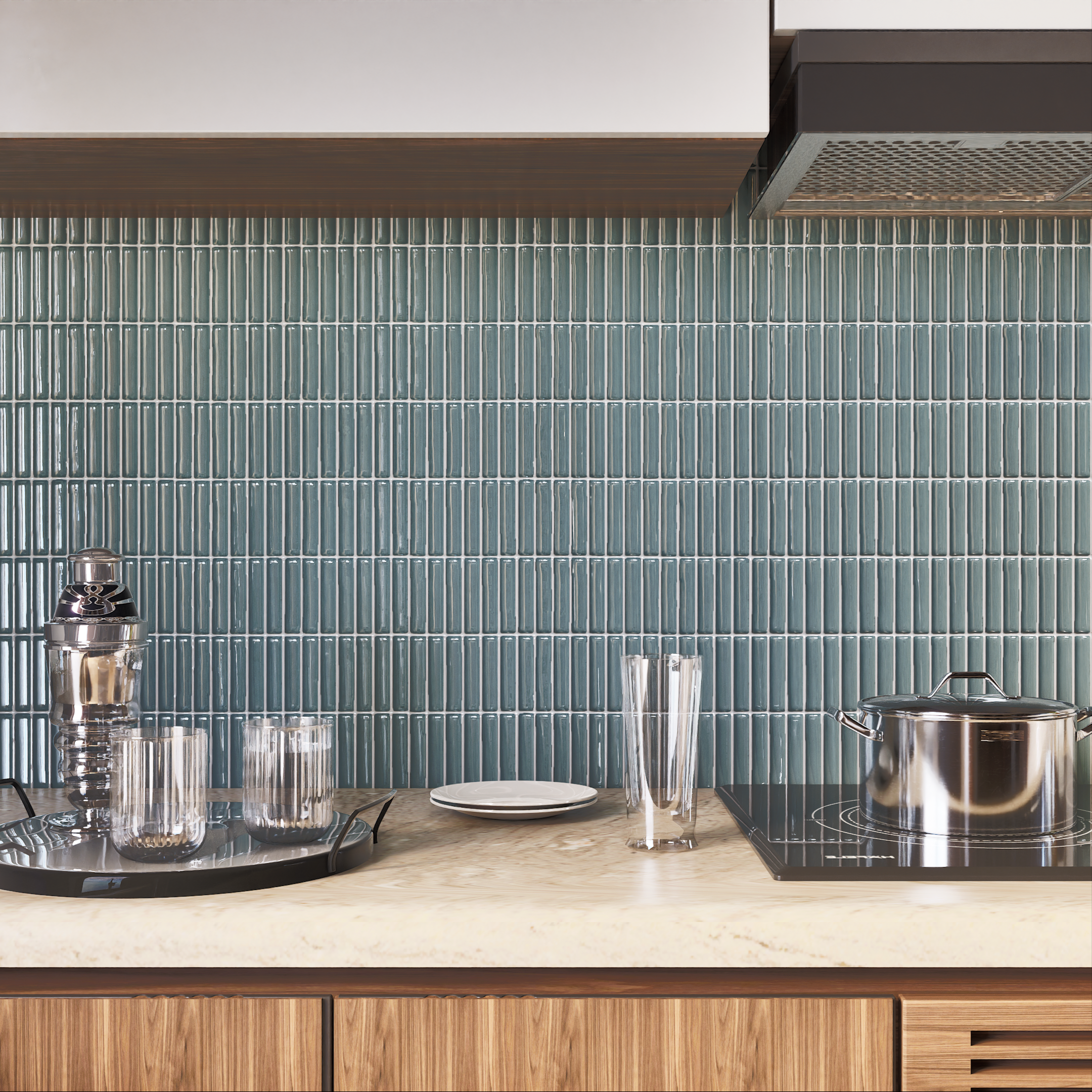 Kitchen with Sage Green Linear Mosaic Tile Backsplash | Material Depot