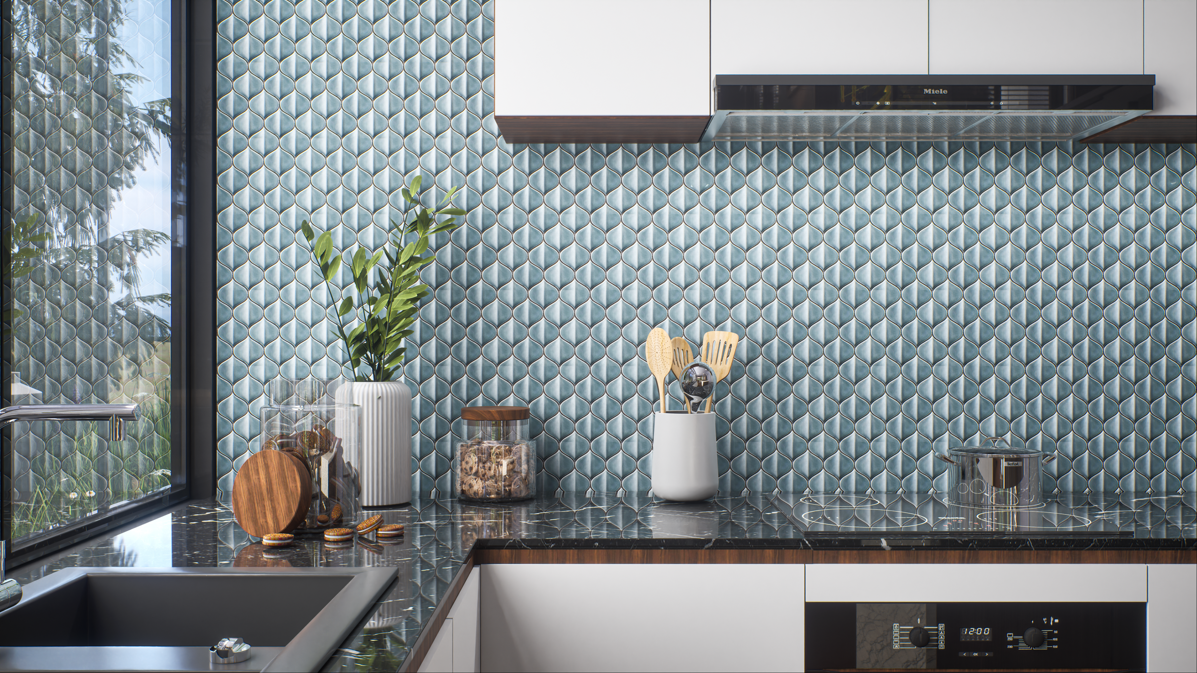 Kitchen with Sky Blue 3D Textured Tile Backsplash | Material Depot