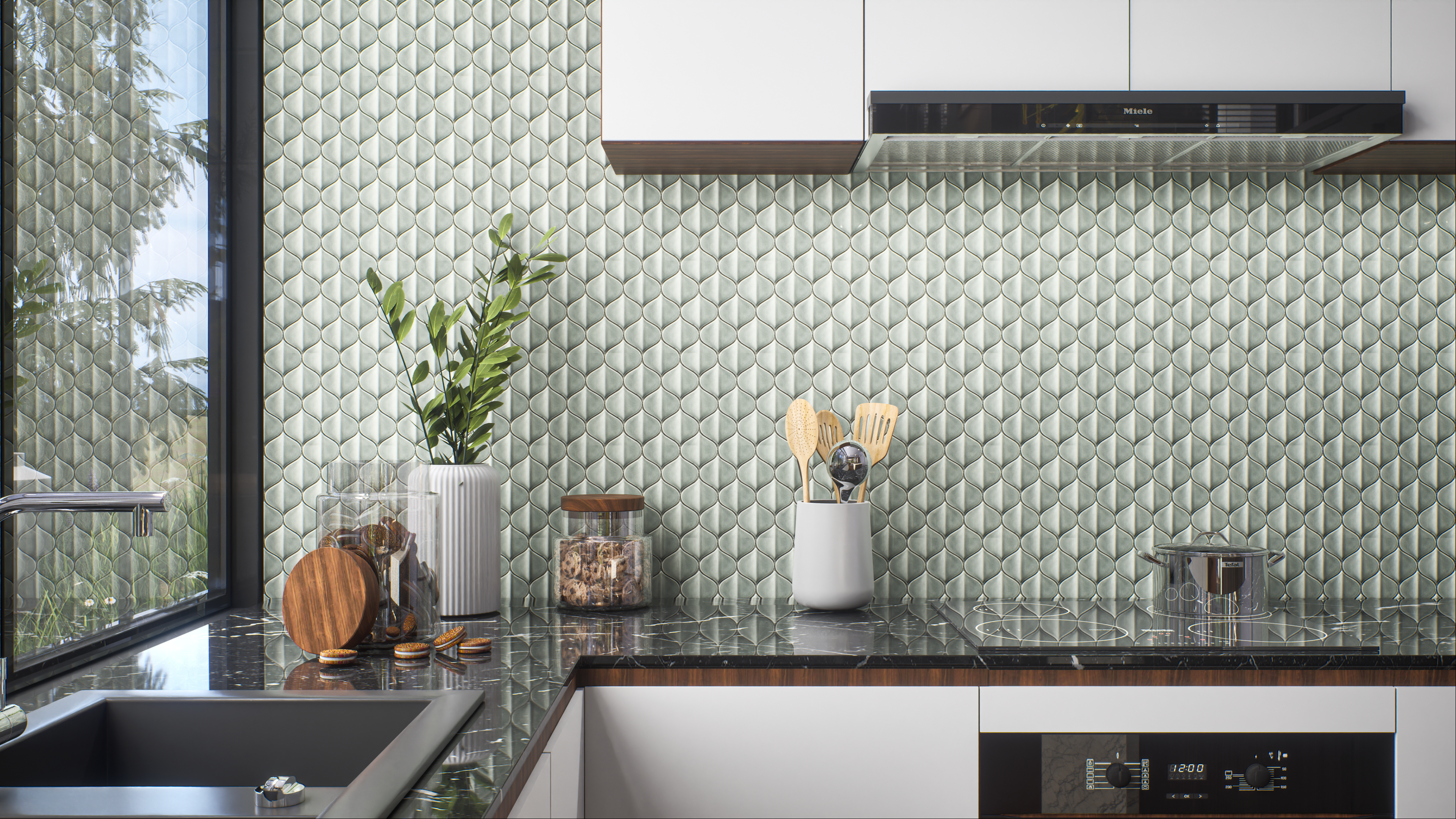 Kitchen with Subtle Light Green Textured Backsplash Tiles | Material Depot