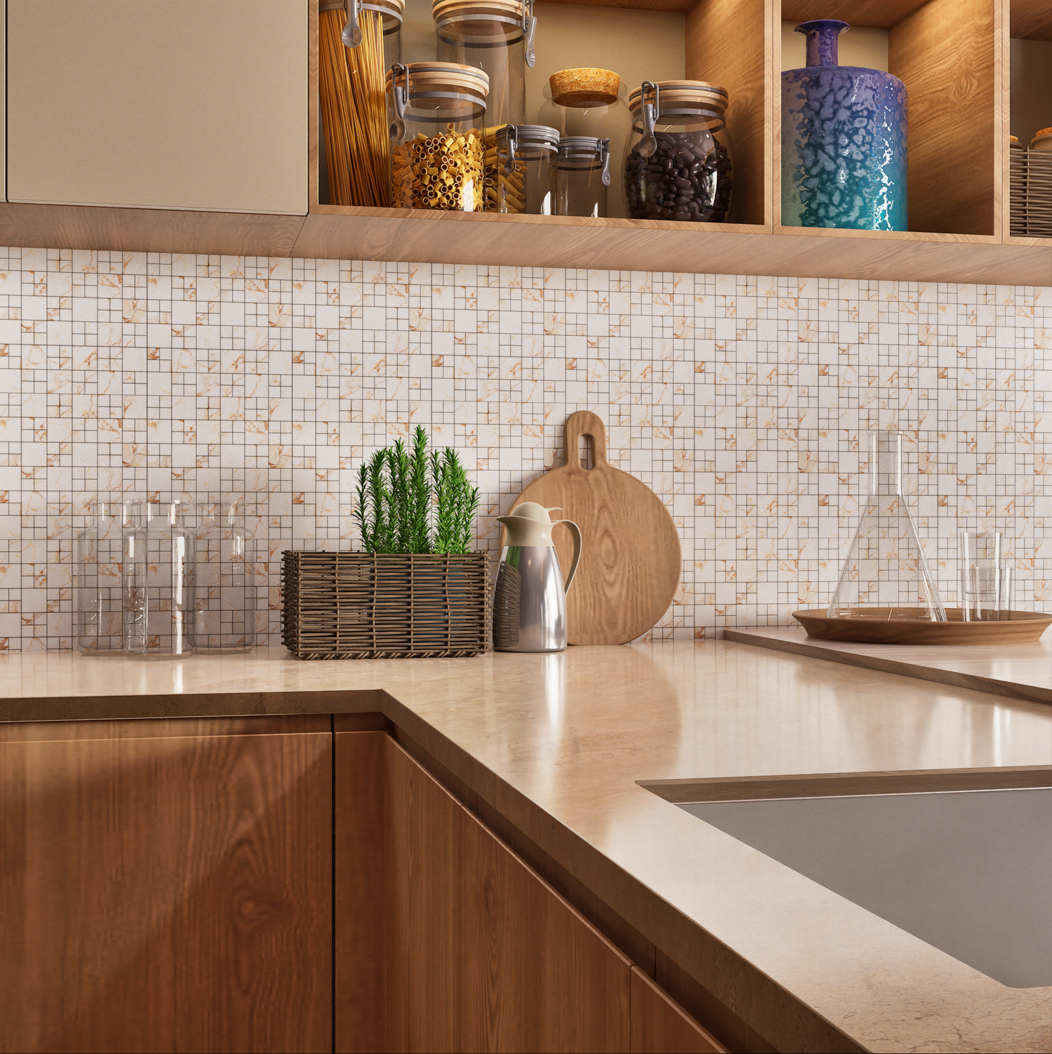 Kitchen with White and Gold Mosaic Tile Backsplash | Material Depot