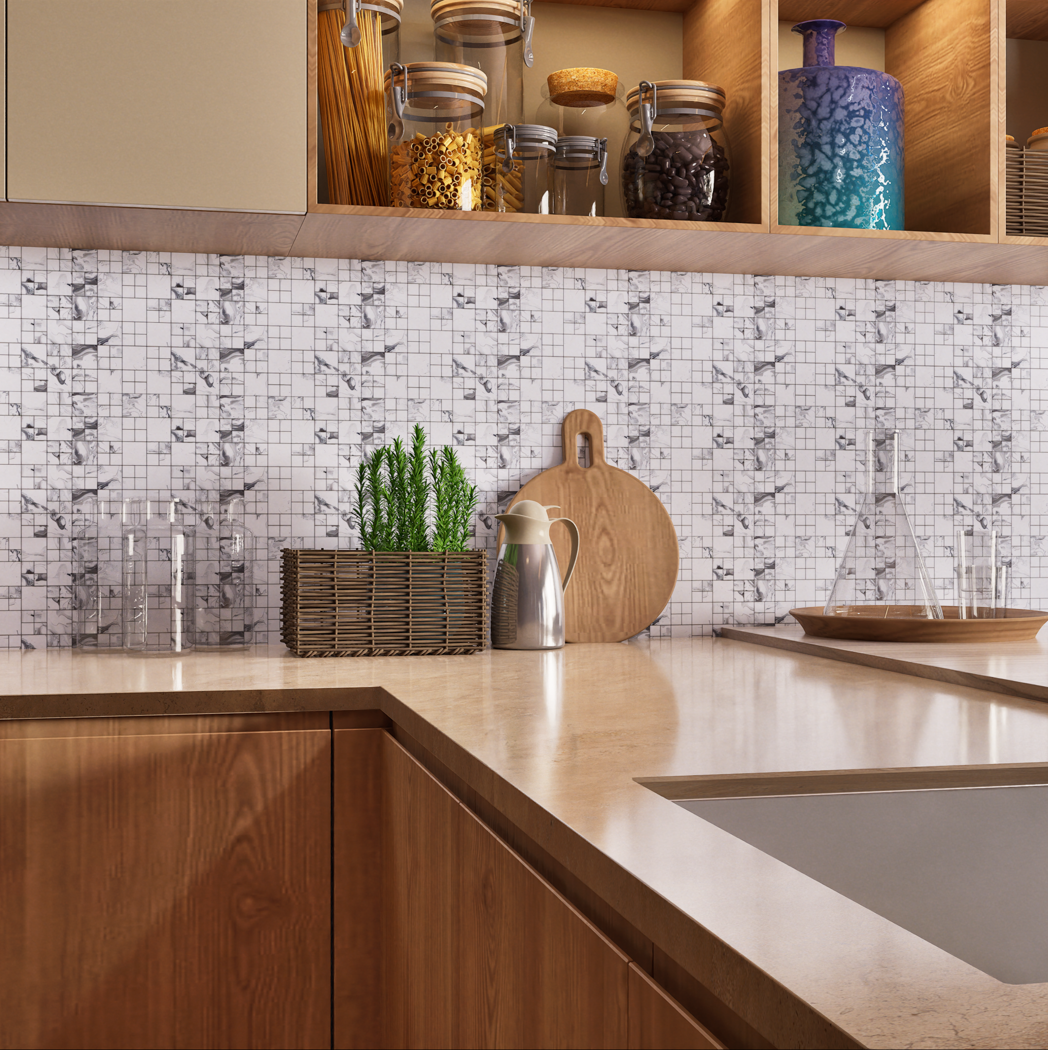 Kitchen with White and Gray Mosaic Backsplash | Material Depot