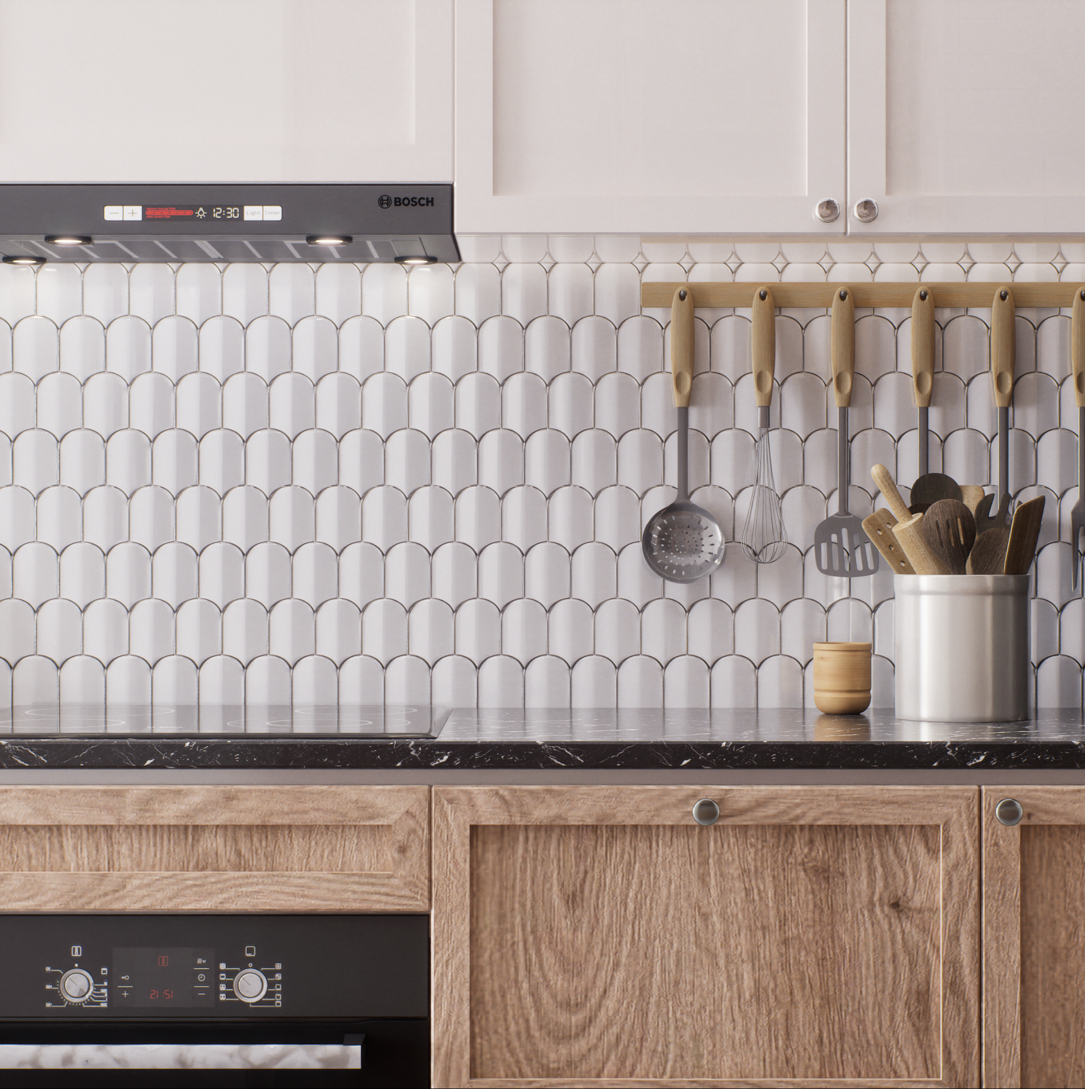 Kitchen with White Fish Scale Backsplash and Wooden Cabinets | Material Depot