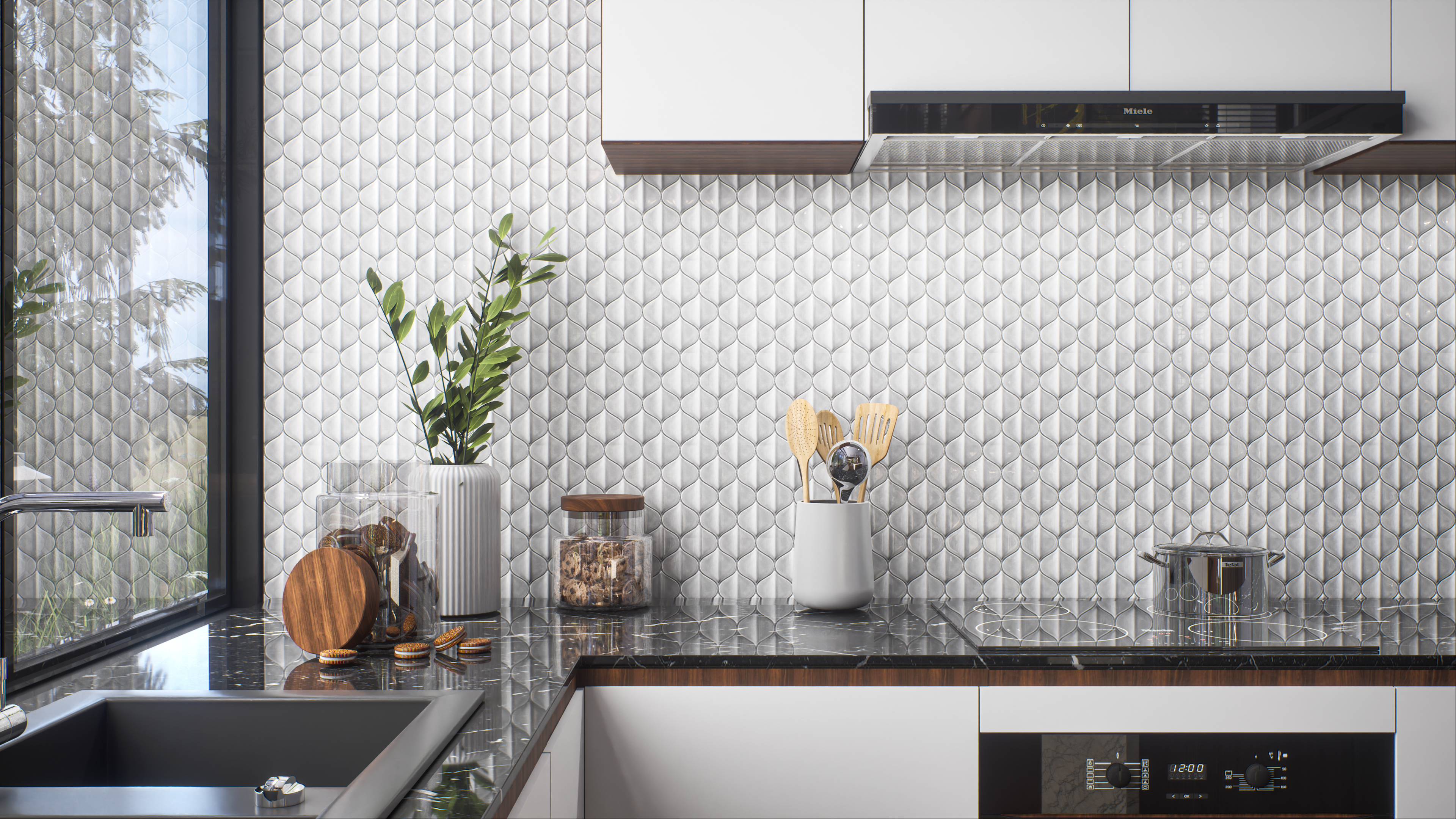 Kitchen with White Textured Wall Tiles and Black Marble Countertop | Material Depot