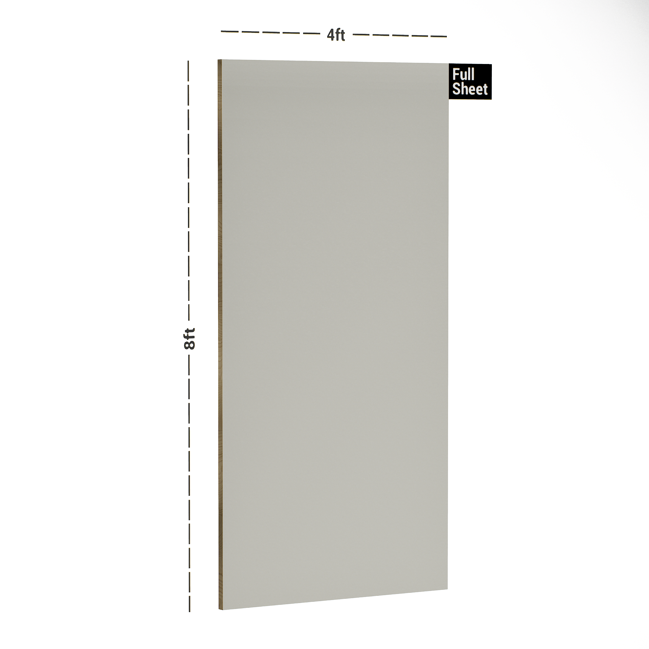 Dimension image of 3562 RSO Pearly Mist 8 ft x 4 ft Raso Solid Super Matte Finish Decorative Laminate - 1 mm in an isometric setup | Material Depot