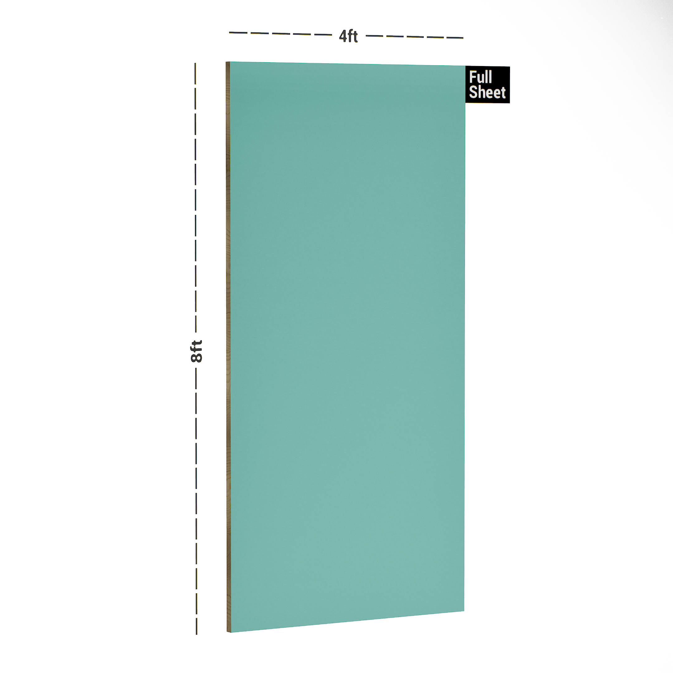 Dimension image of 3572 NGL Cyan 8 ft x 4 ft Solid Novel Gloss Finish Decorative Laminate - 1 mm in an isometric setup | Material Depot