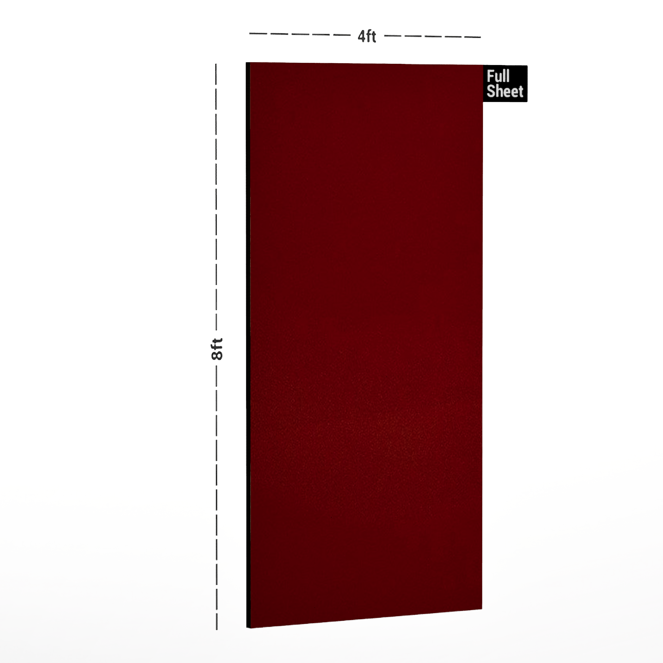 Dimension image of 93622 NGL Red Flame 8 ft x 4 ft Unicore High Gloss Finish Decorative Laminate - 1 mm in an isometric setup | Material Depot