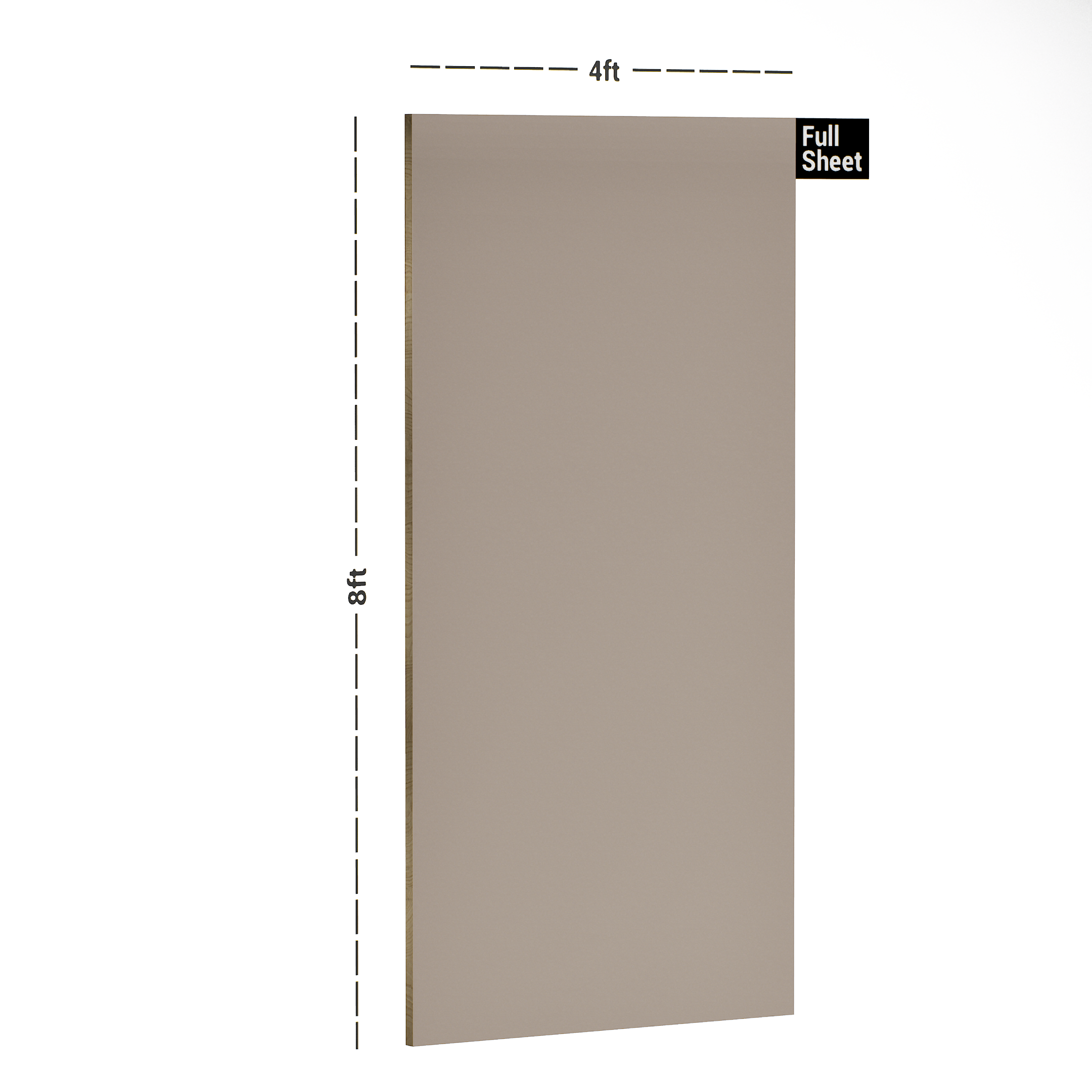 Dimension image of SDL 1020 SHG Cappuccino 8 ft x 4 ft High Gloss Finish Decorative Laminate - 0.8 mm in an isometric setup | Material Depot