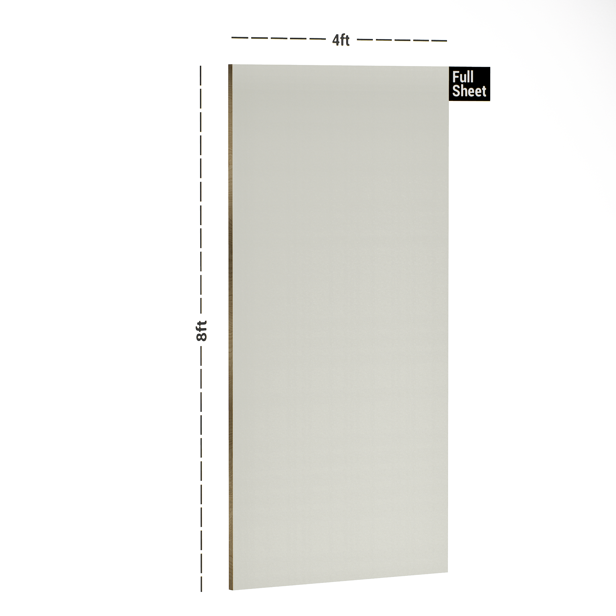 Dimension image of 1409 UC PR(EX) Mica Hanger Frosty White 8 ft x 4 ft Uni Colour Finish Laminate - 1 mm in an isometric setup | Material Depot