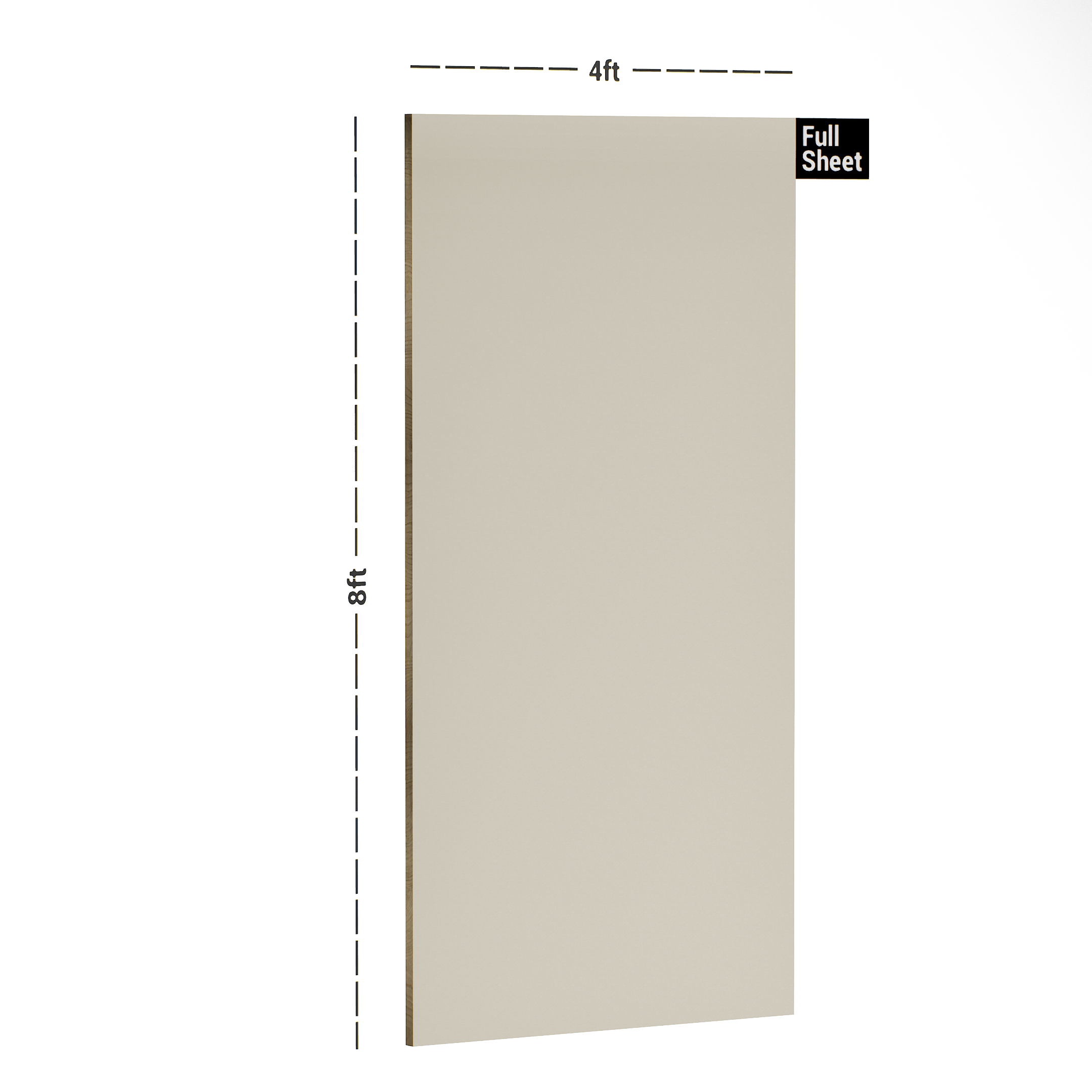 Dimension image of 1303 SF Mica Hanger Plain Colour Techno Ivory 8 ft x 4 ft Suede Finish Laminate - 1 mm in an isometric setup | Material Depot