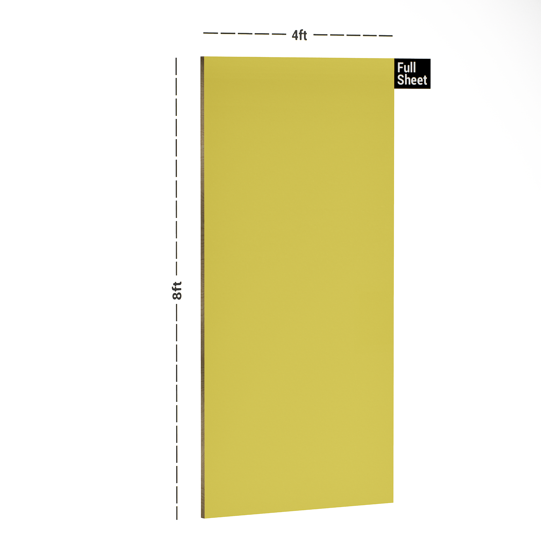 Dimension image of 1073 SF Mica Hanger Plain Colour Golden Yellow 8 ft x 4 ft Suede Finish Laminate - 1 mm in an isometric setup | Material Depot