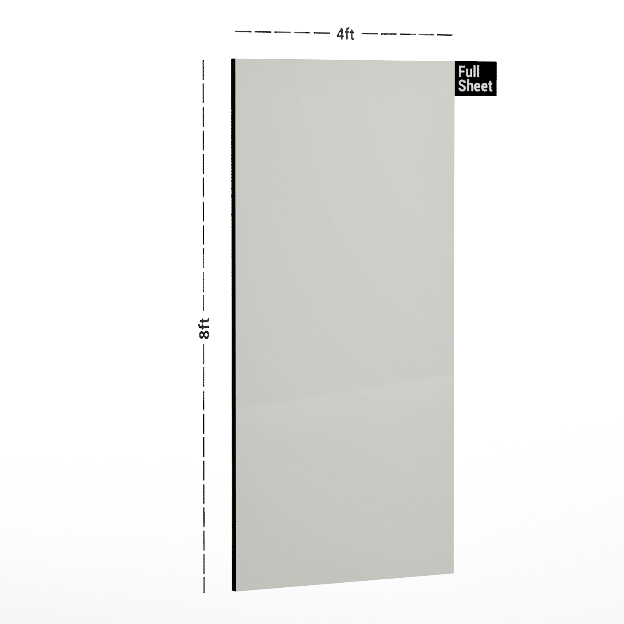 Dimension image of 81180 HG+ Off White 8 ft x 4 ft Italia Gloss Finish Laminate - 0.8 mm in an isometric setup | Material Depot