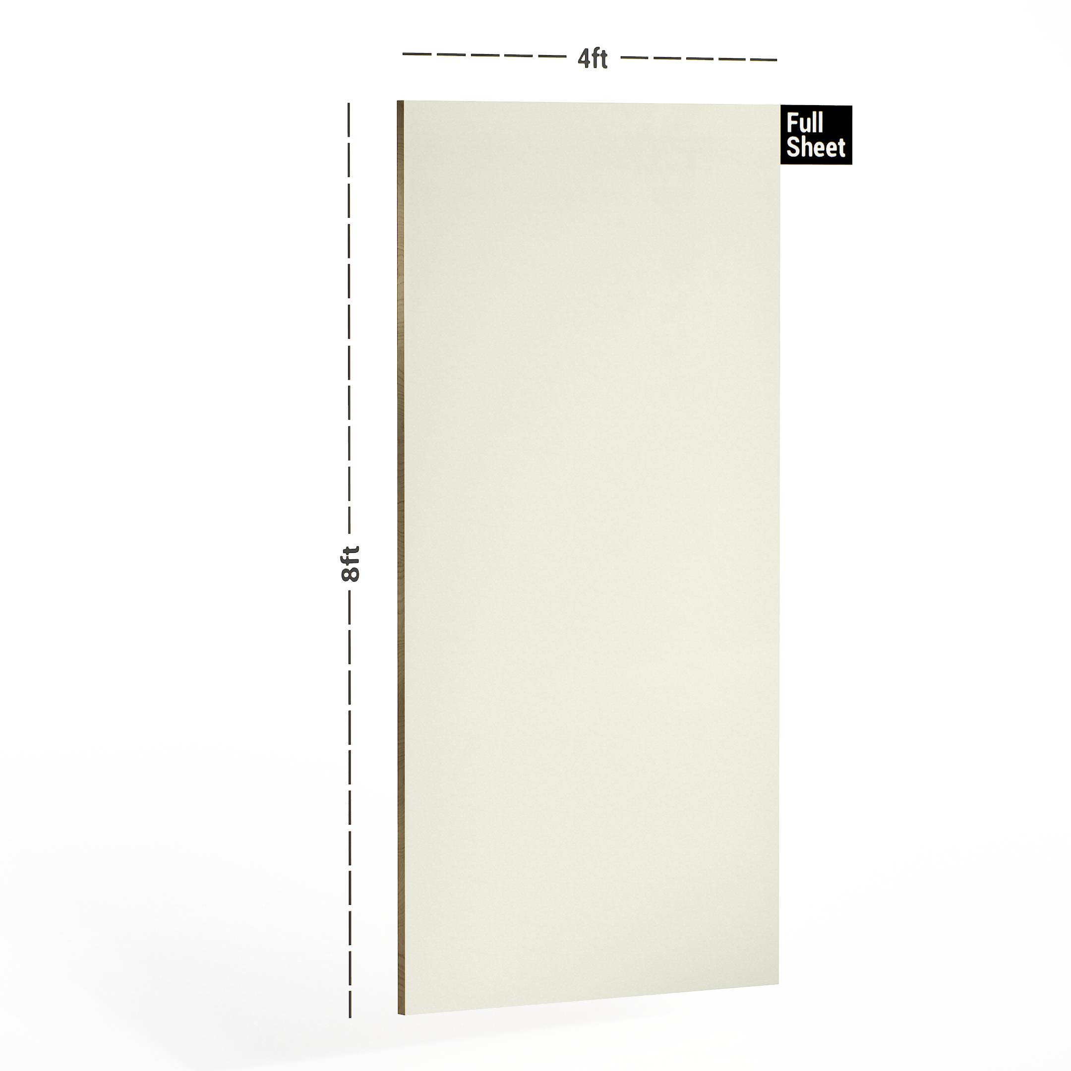 Dimension image of 124 SAT Mysore Ivory 8 ft x 4 ft Satin Finish Decorative Laminate - 1 mm | Matching Edgeband Code - (Rehau - 110176) | (E3 - 1020) in an isometric setup | Material Depot