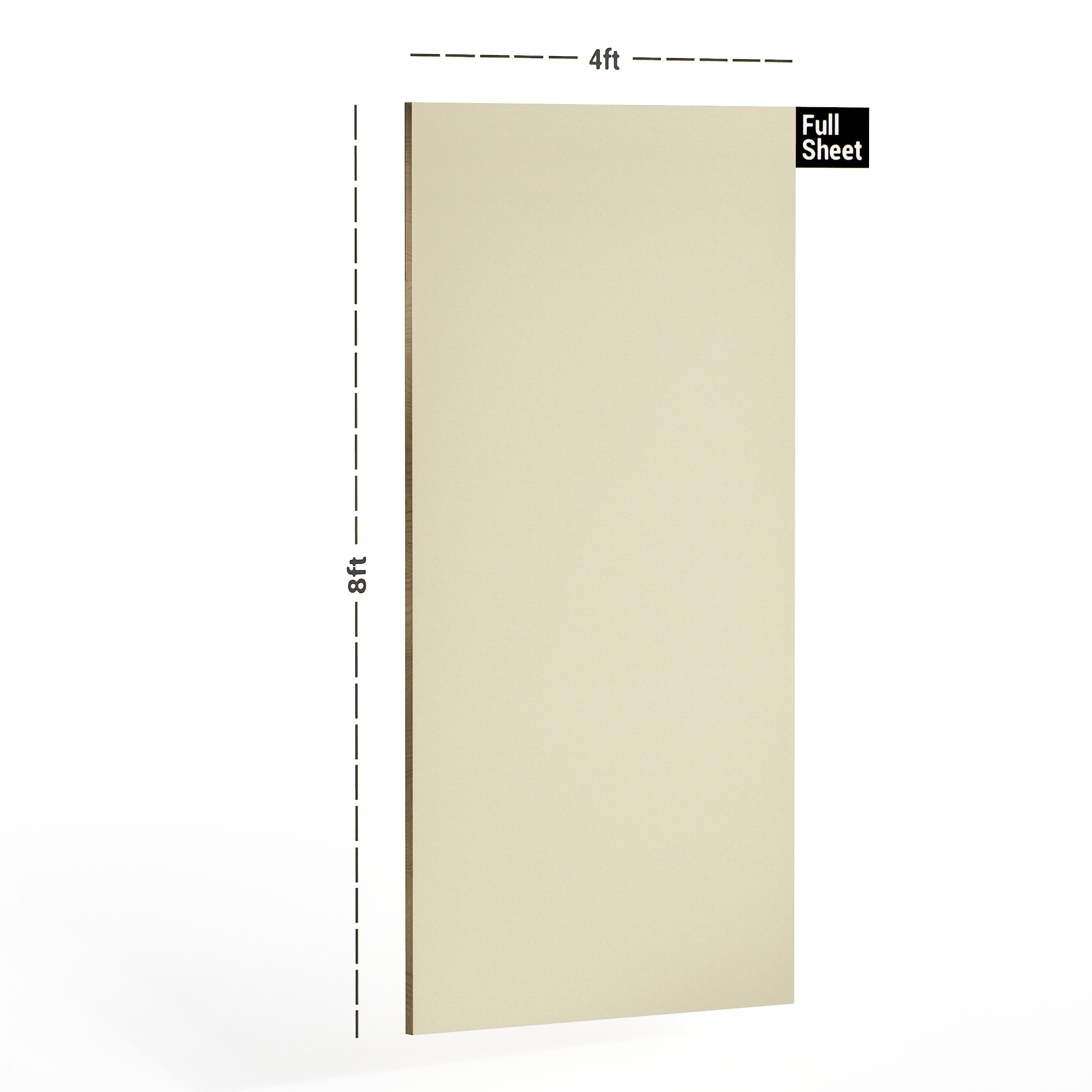 Dimension image of 125 SUD Sand 8 ft x 4 ft Suede Finish Decorative Laminate - 1 mm | Matching Edgeband Code - (Rehau - 112051) in an isometric setup | Material Depot