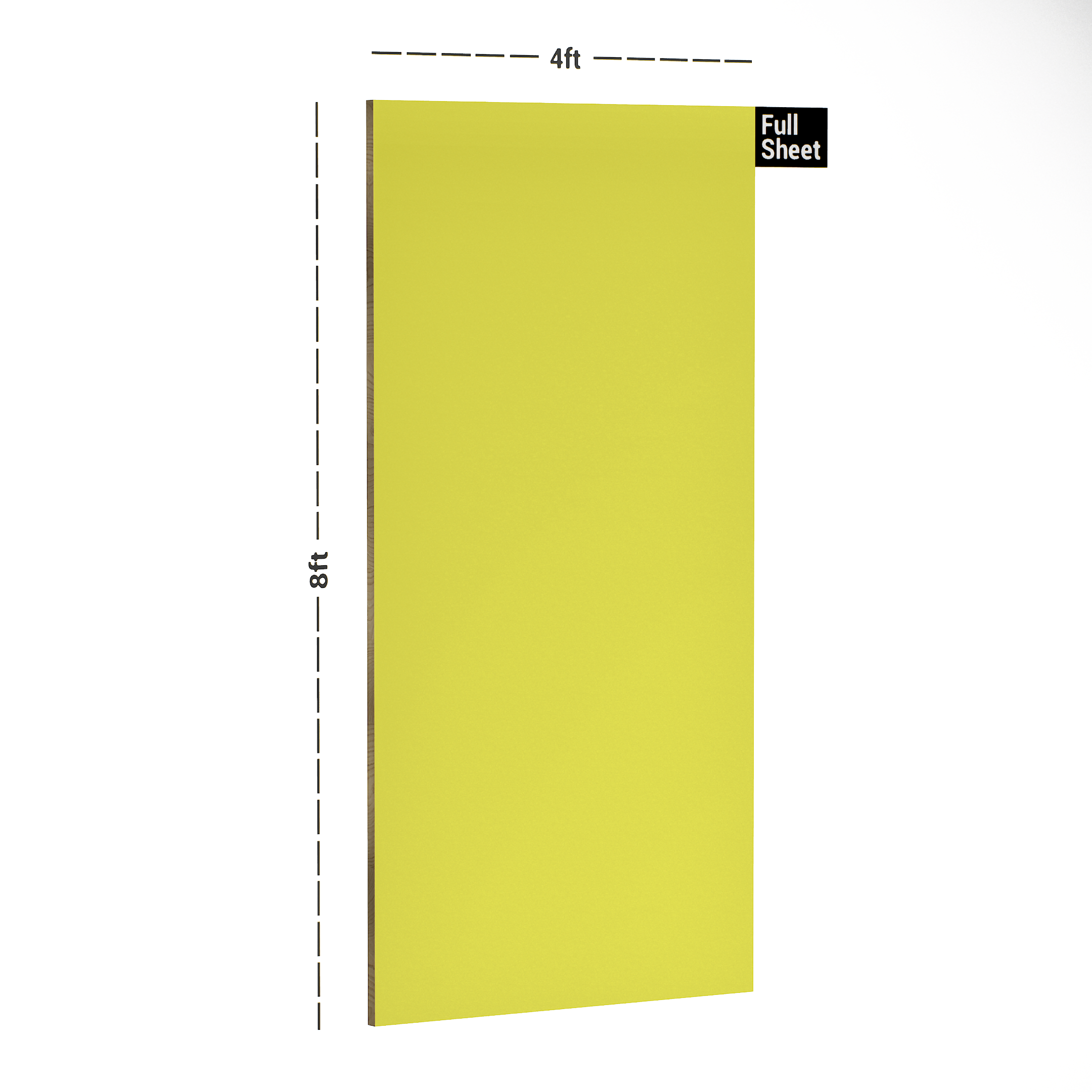 Dimension image of 229 SGL Yellow 8 ft x 4 ft High Gloss Finish Decorative Laminate - 1 mm | Matching Edgeband Code - (Rehau - 75739) | (E3 - 1008) in an isometric setup | Material Depot