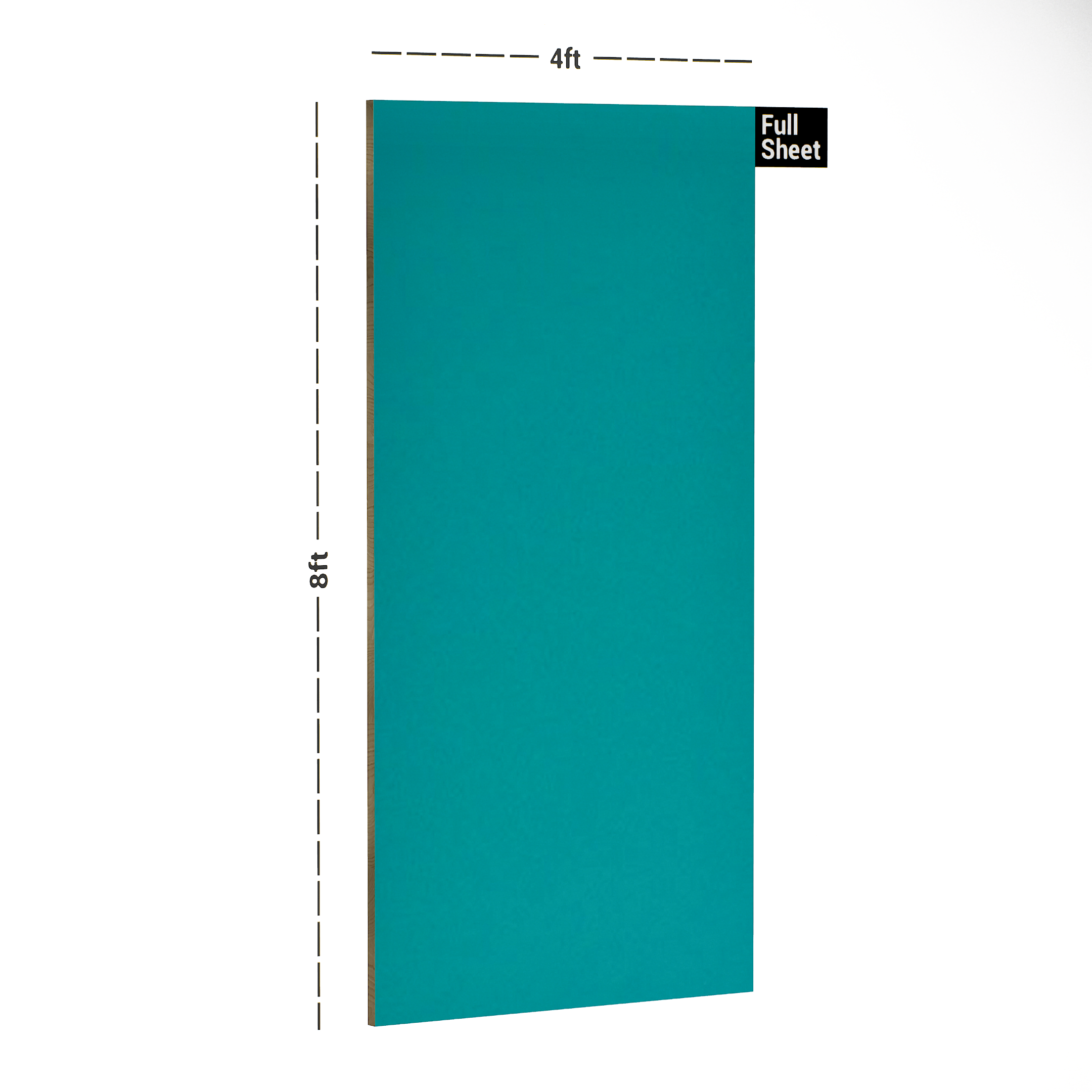 Dimension image of 260 SUD Aqua Green 8 ft x 4 ft Suede Finish Decorative Laminate - 1 mm | Matching Edgeband Code - (Rehau - 112066) in an isometric setup | Material Depot