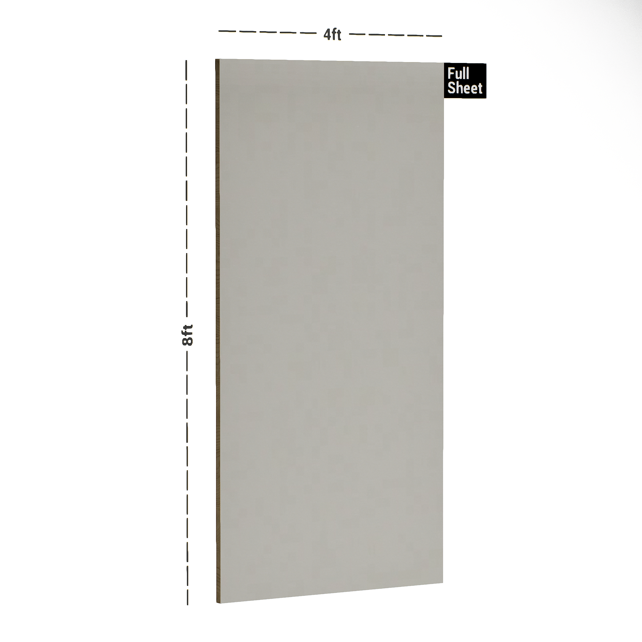 Dimension image of 265 SUD Grey Sand 8 ft x 4 ft Suede Finish Decorative Laminate - 1 mm | Matching Edgeband Code - (Rehau - 75703) in an isometric setup | Material Depot