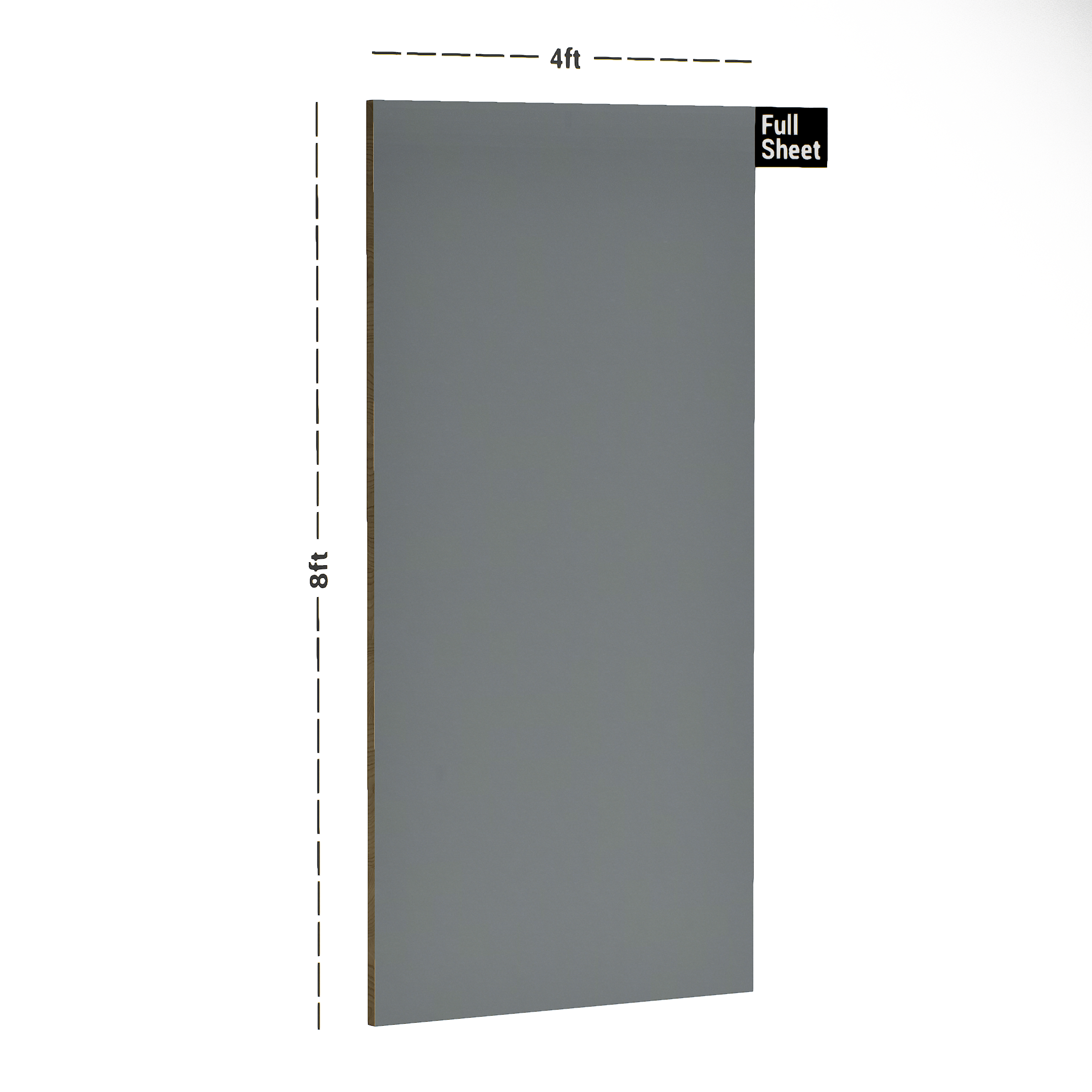 Dimension image of 266 SUD Ash Grey 8 ft x 4 ft Suede Finish Decorative Laminate - 1 mm | Matching Edgeband Code - (Rehau - 75733) | (E3 - 1019) in an isometric setup | Material Depot