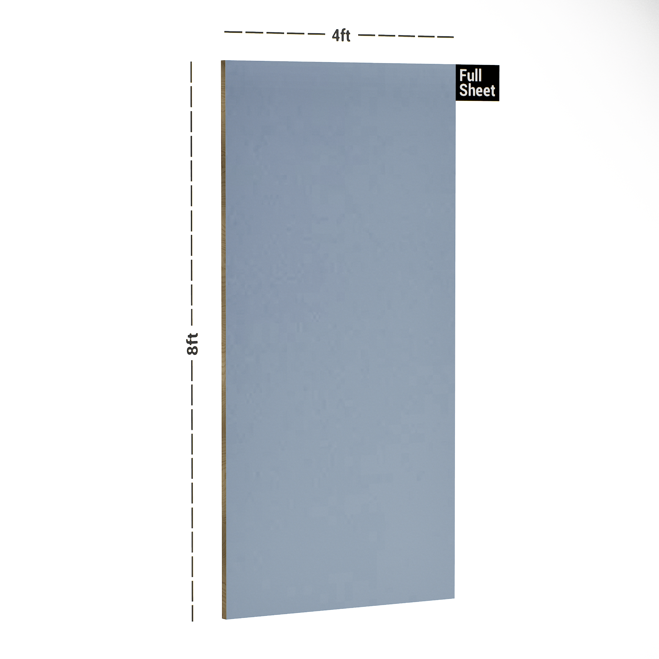 Dimension image of 303 SAT Zephyr Blue 8 ft x 4 ft Satin Finish Decorative Laminate - 1 mm | Matching Edgeband Code - (Rehau - 75737) | (E3 - 1047) in an isometric setup | Material Depot