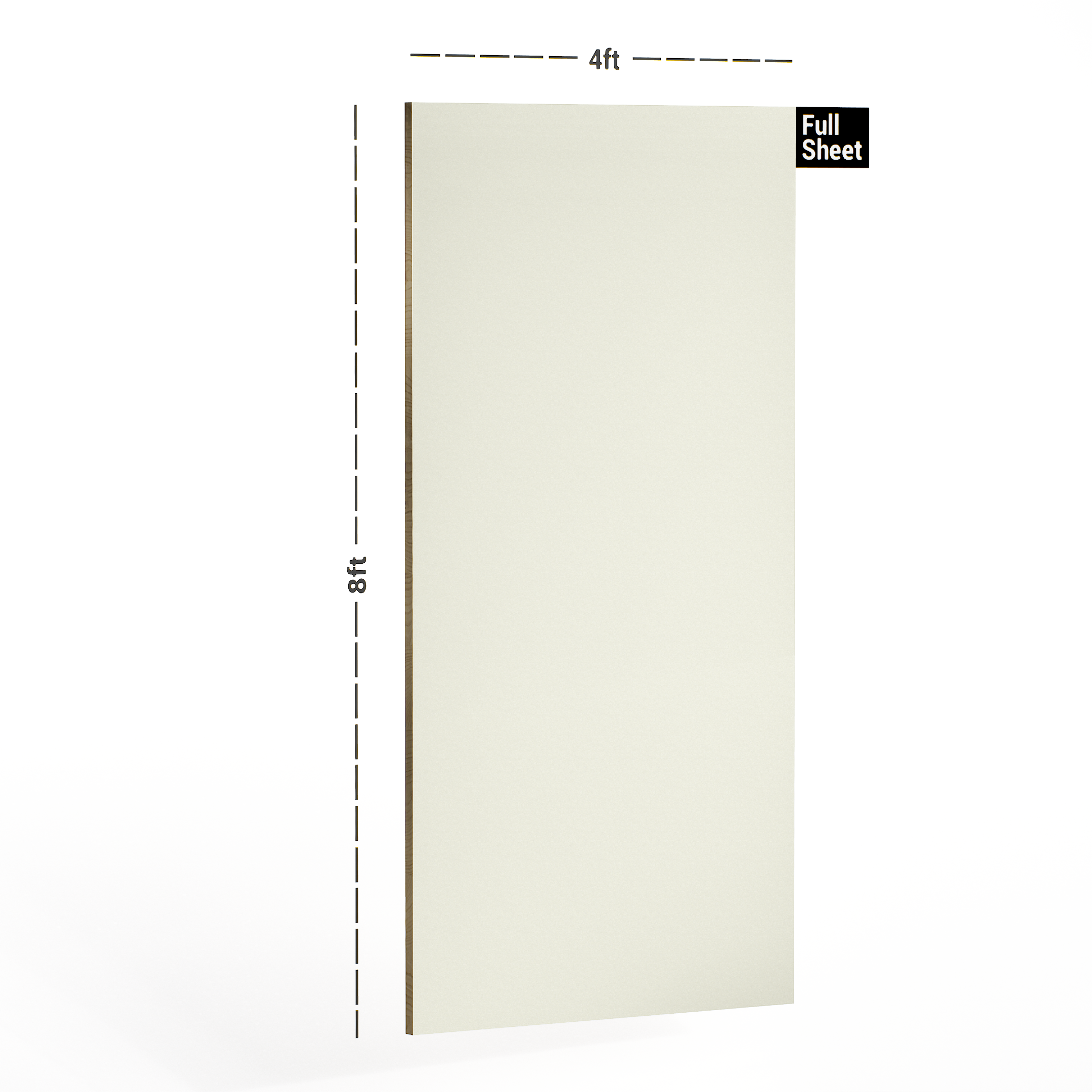 Dimension image of 124 HDG Mysore Ivory 8 ft x 4 ft High Gloss Finish Decorative Laminate - 1 mm | Matching Edgeband Code - (Rehau - 110176) | (E3 - 1020) in an isometric setup | Material Depot