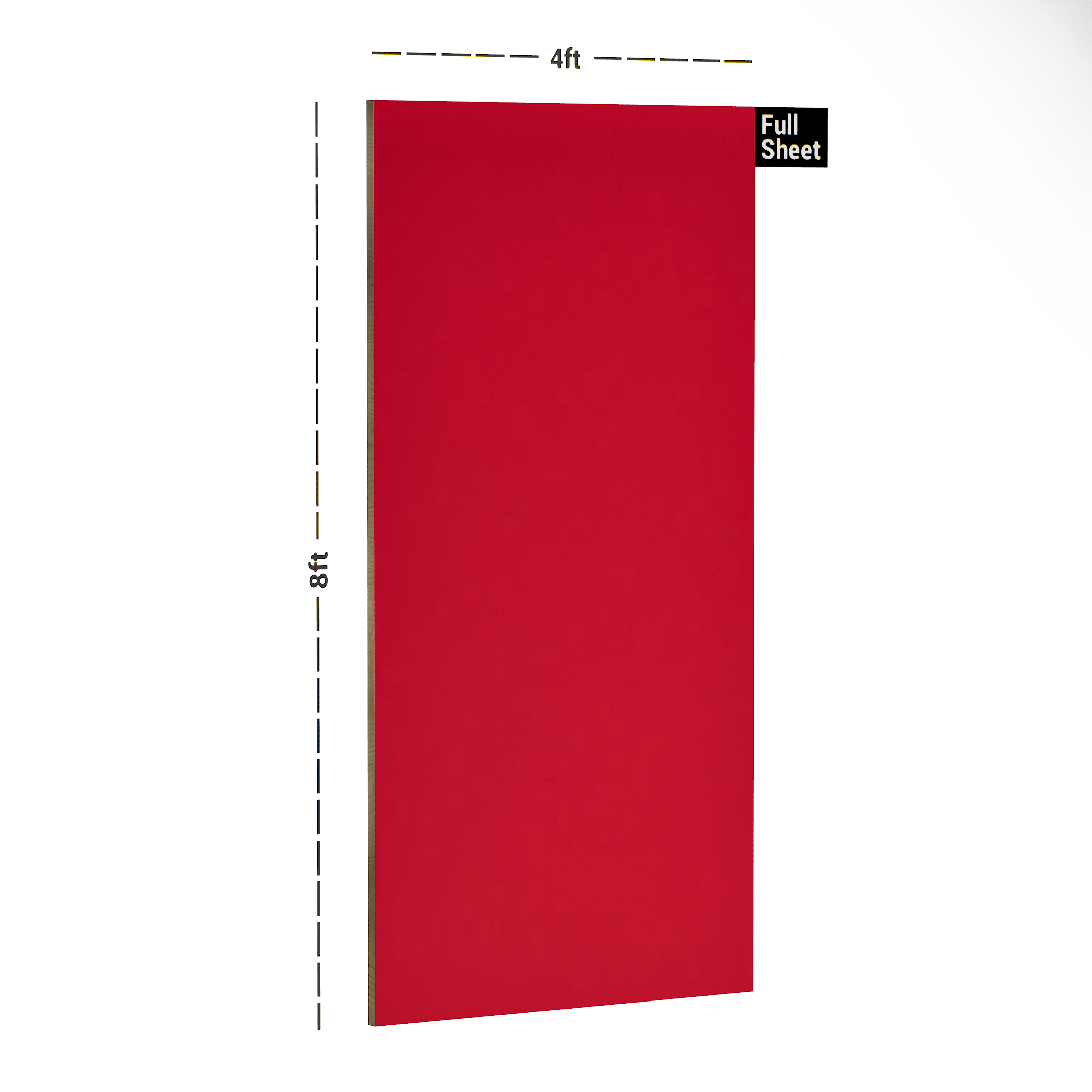 Dimension image of 204 HDG Red Dynasty 8 ft x 4 ft High Gloss Finish Decorative Laminate - 1 mm | Matching Edgeband Code - (Rehau - 75717) | (E3 - 1009) in an isometric setup | Material Depot