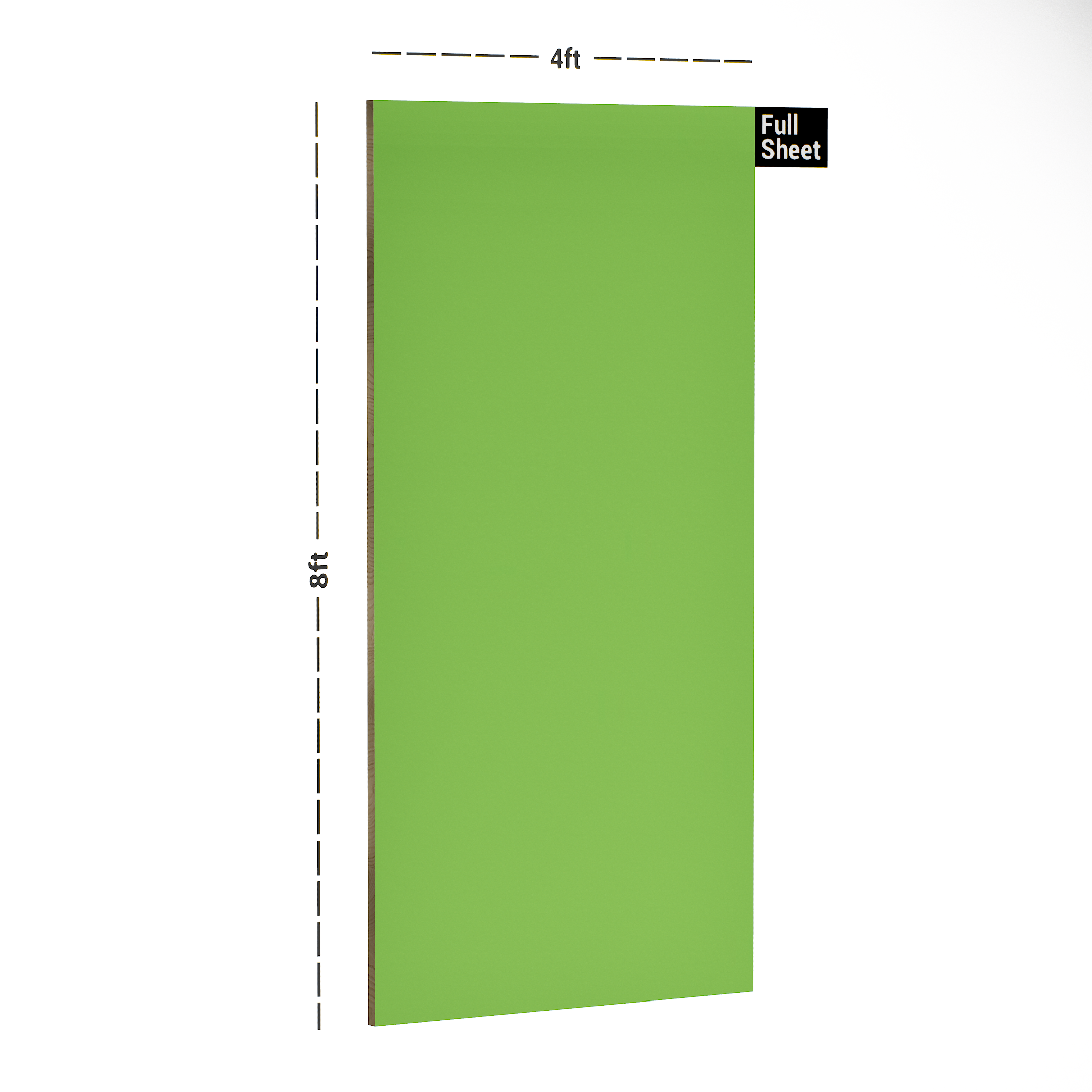 Dimension image of 251 HDG Bright Green 8 ft x 4 ft High Gloss Finish Decorative Laminate - 1 mm | Matching Edgeband Code - (Rehau - 112009) in an isometric setup | Material Depot