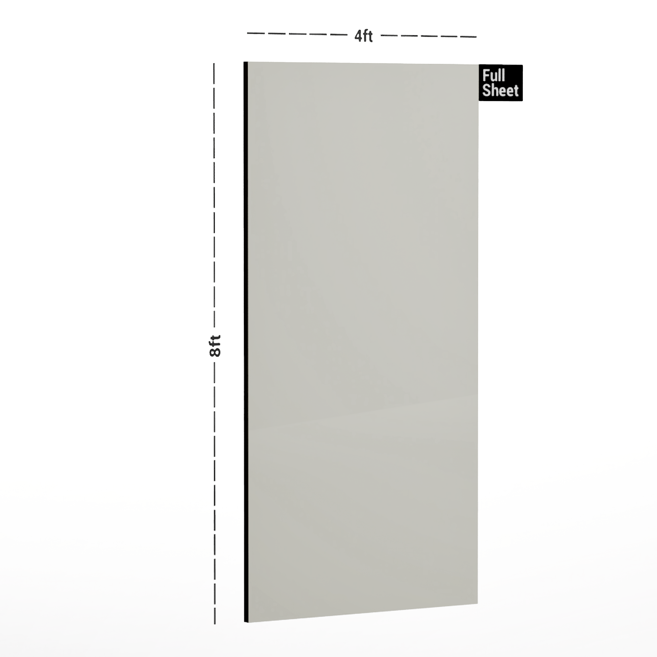 Dimension image of 80113 GL Frosty White 8 ft x 4 ft High Gloss Finish Liner Laminate - 0.8 mm in an isometric setup | Material Depot