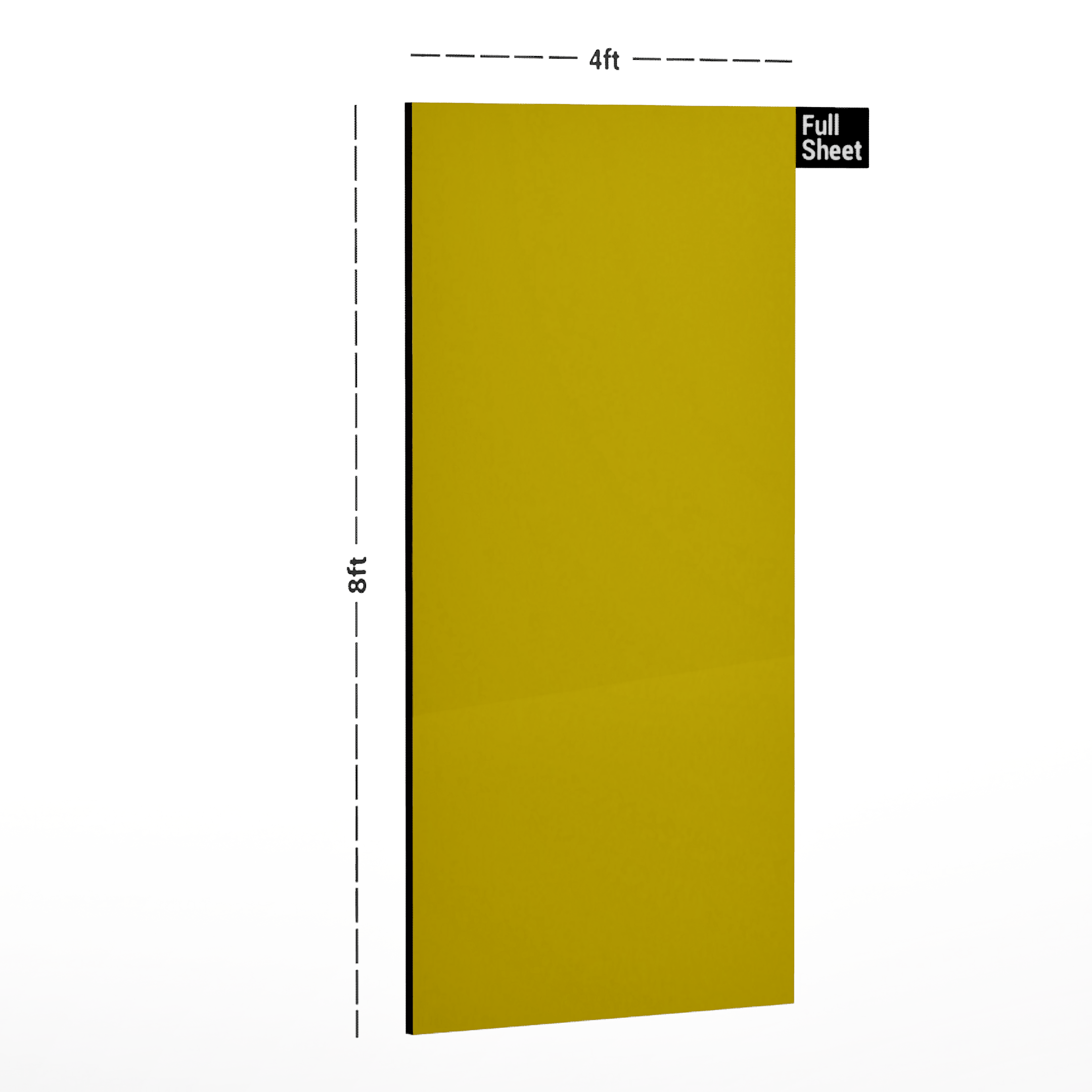 Dimension image of 83203 GL Yellow 8 ft x 4 ft High Gloss Finish Liner Laminate - 0.8 mm in an isometric setup | Material Depot