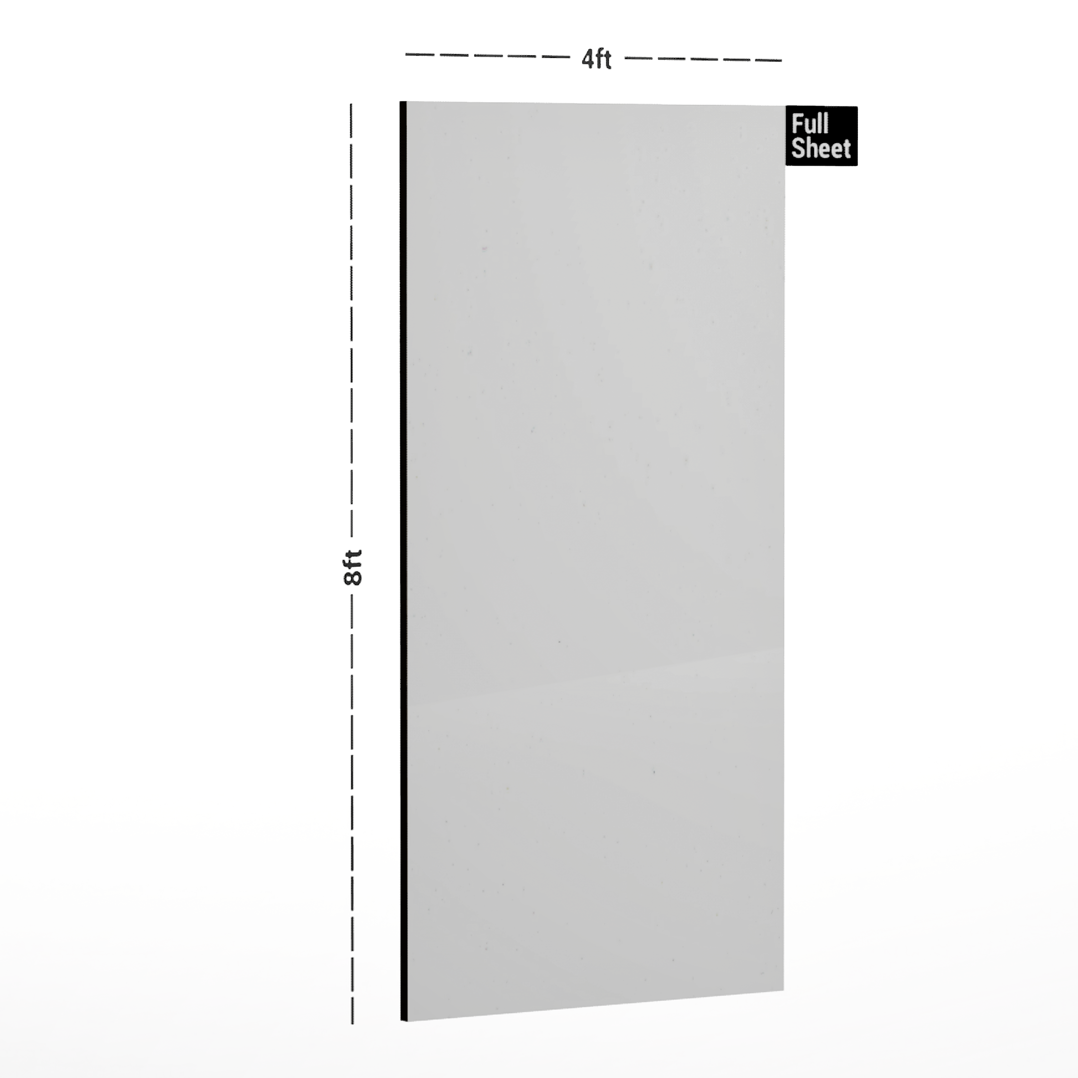 Dimension image of 80101 GL White 8 ft x 4 ft High Gloss Finish Liner Laminate - 0.8 mm in an isometric setup | Material Depot